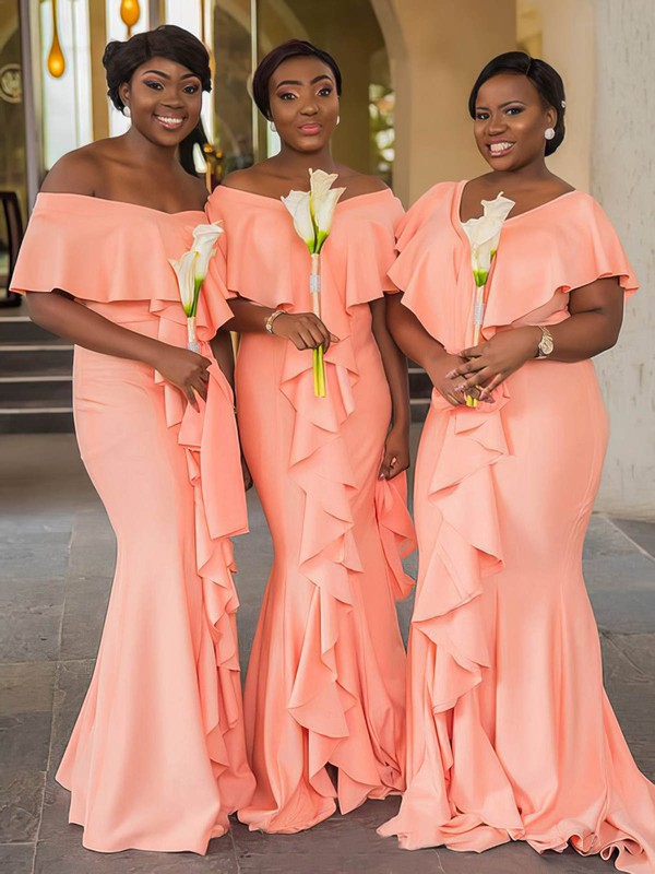 Chic Sheath Off-The-Shoulder Stretch Satin Sweep Train Ruffles Bridesmaid Dresses