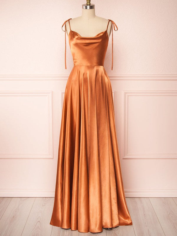 Glamorous A-Line Cowl Neck Satin Sweep Train Bridesmaid Dresses