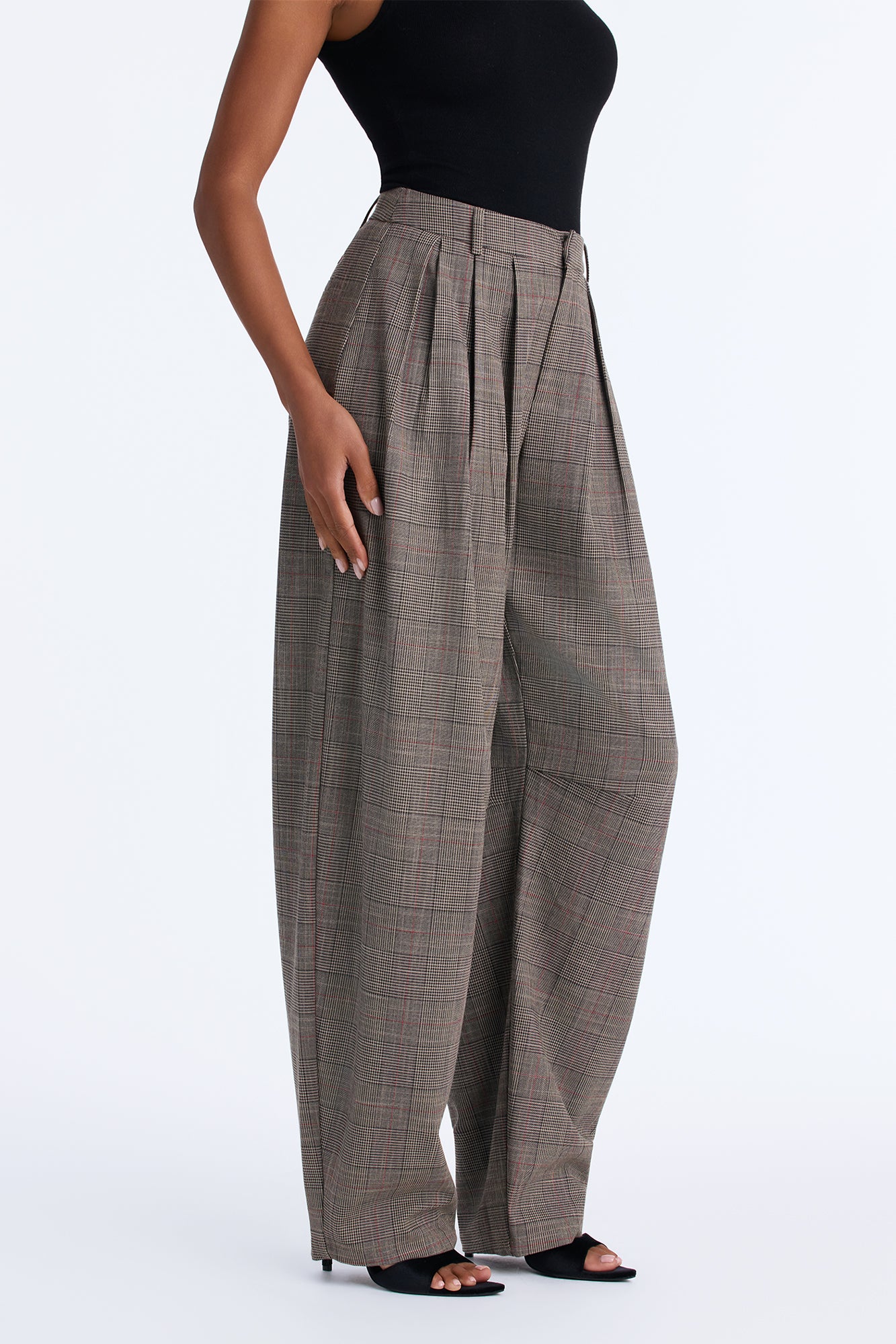 Marisol High Rise Plaid Pleated Barrel Leg Trouser - Brown Combo