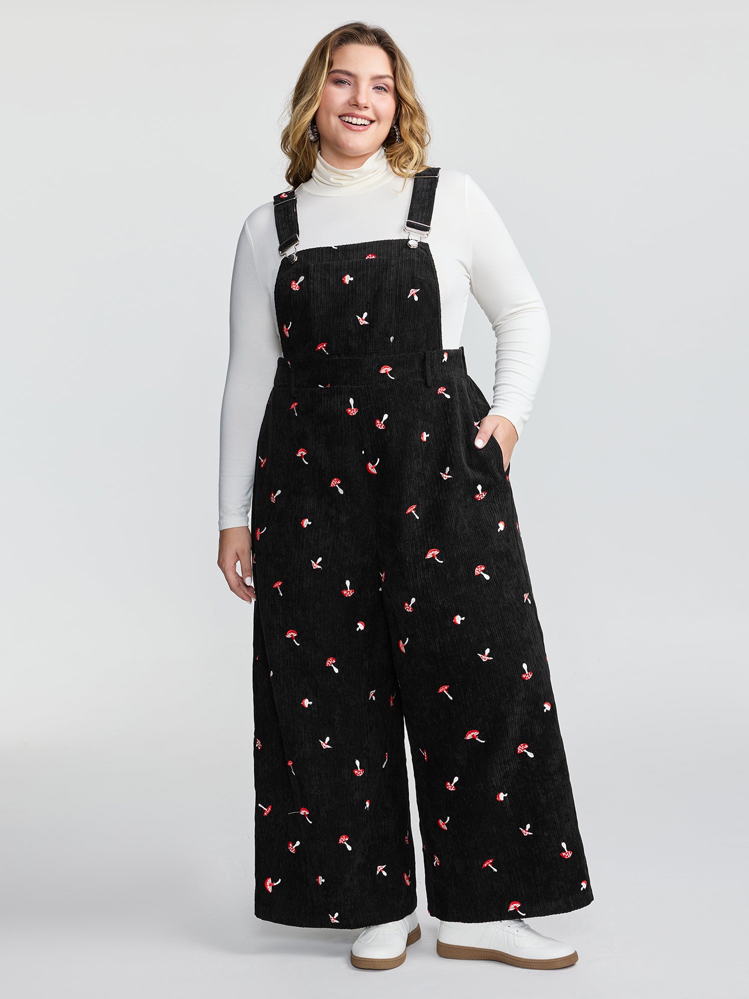 Mushroom Embroidered Textured Overall Jumpsuit