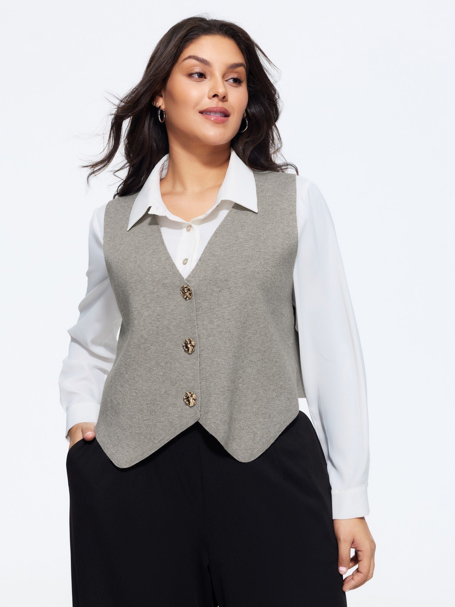 Heather Ribbed Metal Buttons Sweater Vest