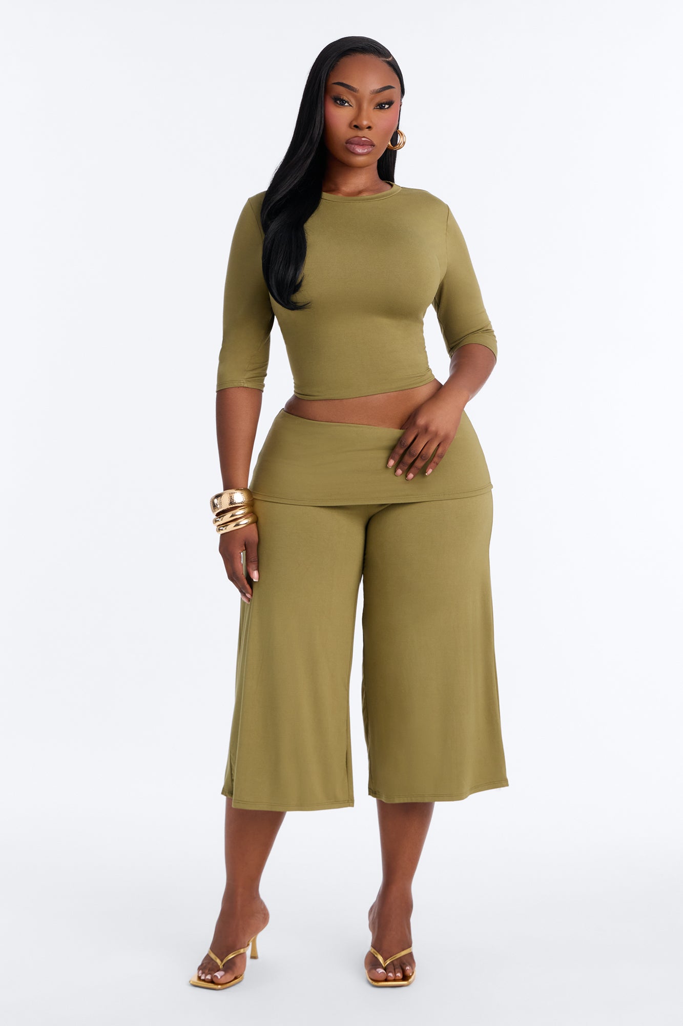 Kyla Foldover Gaucho Pant Set - Olive