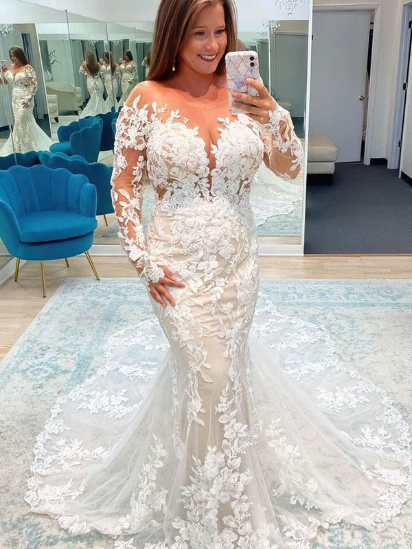 Beautiful Long Sleeves Tulle Mermaid Chapel Train Wedding Dresses with Appliques