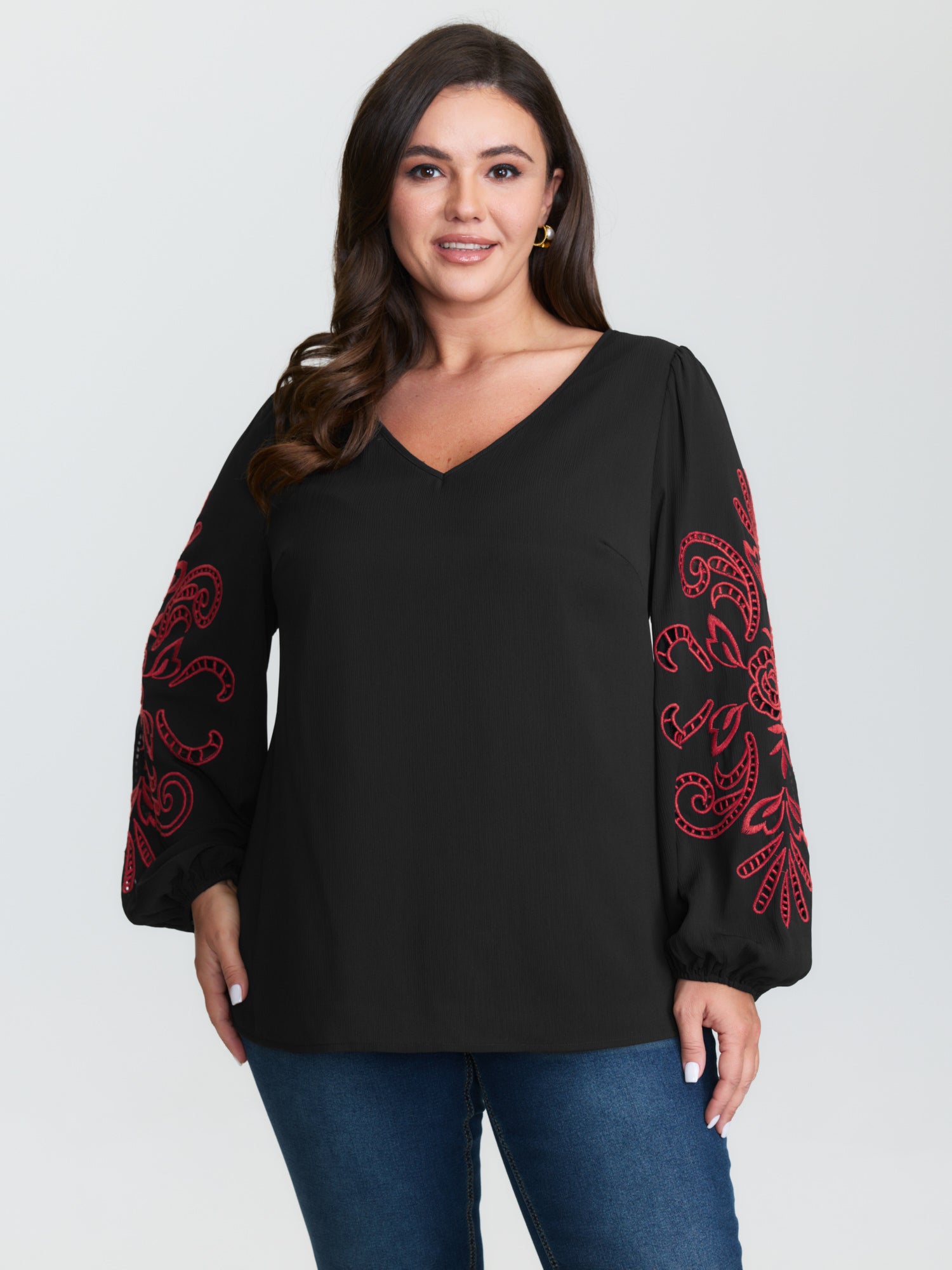 Cut-Out Embroidered Sleeve Blouse