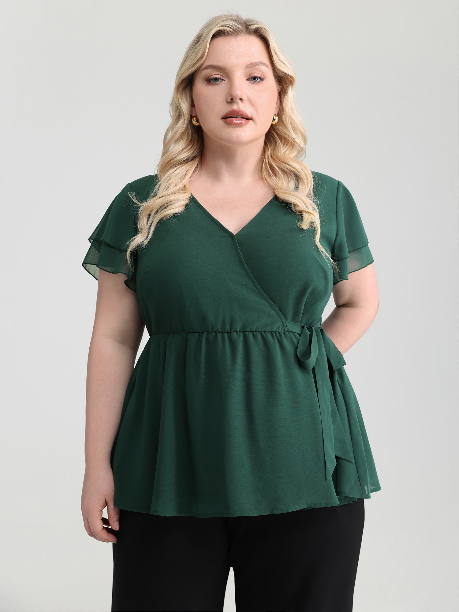Sheer Layered Ruffled Sleeve Stretchy Waist Blouse