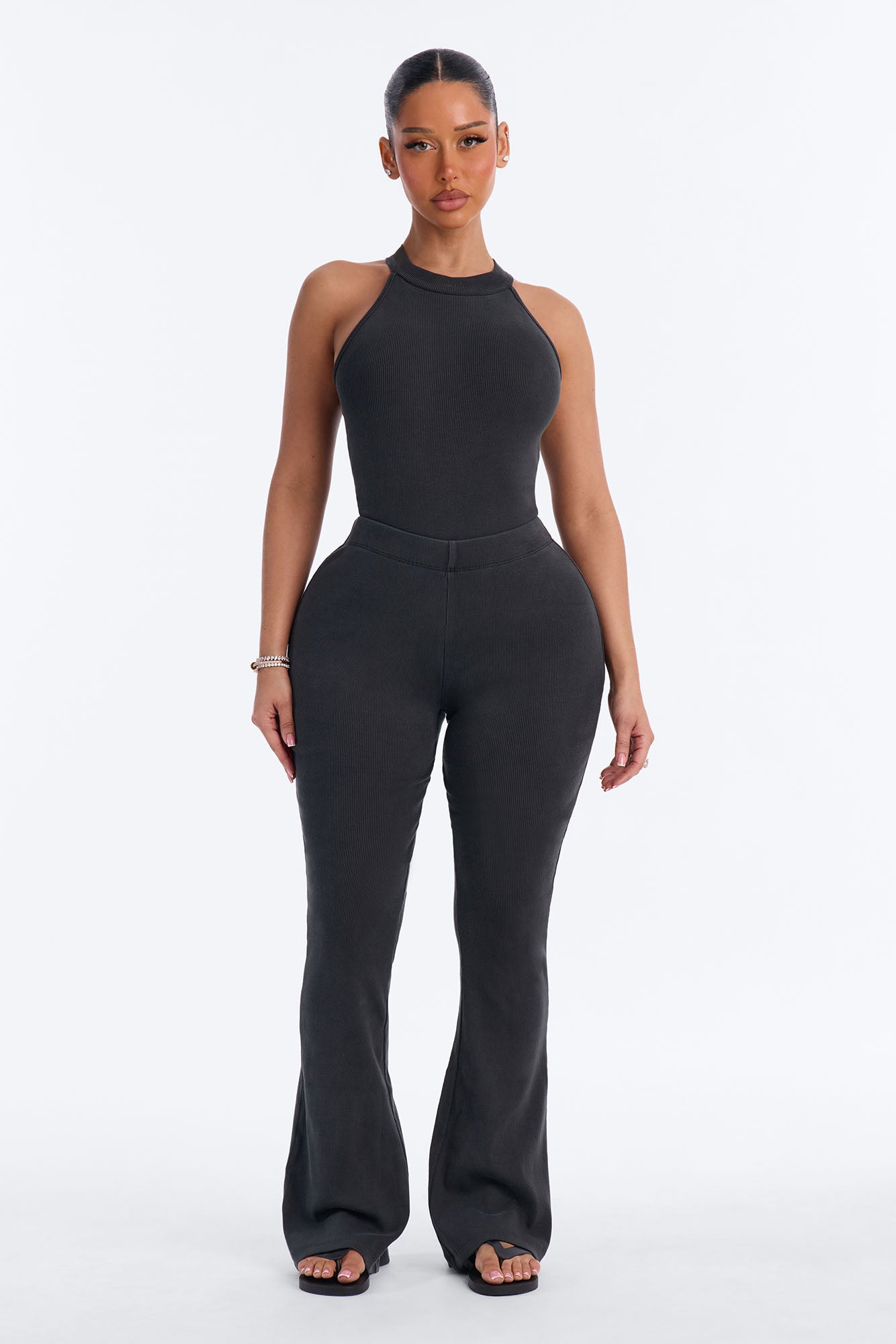 Tony Washed Ribbed Bodysuit Flare Pant Set - Washed Black