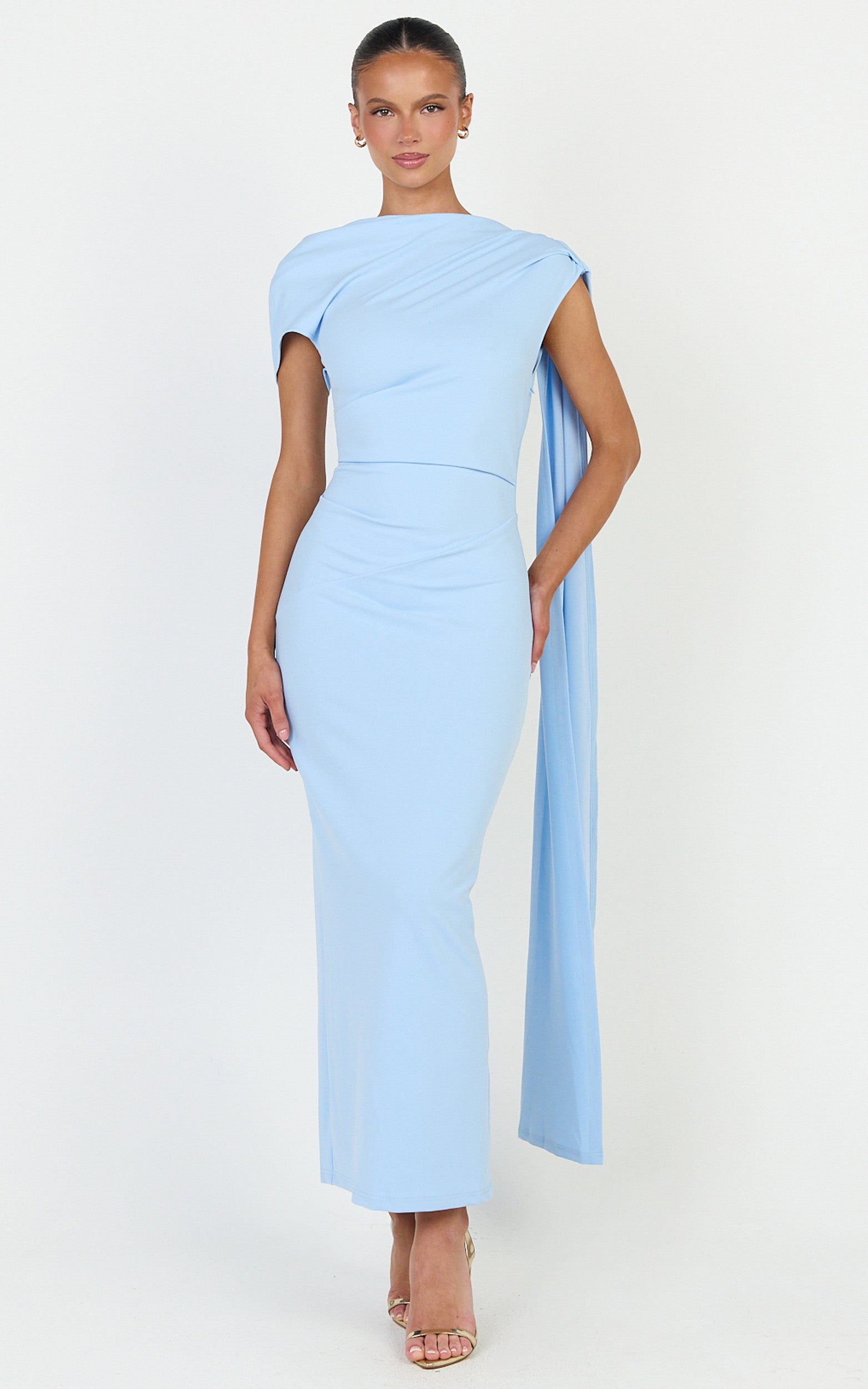 Visenta Midi Dress - Asymmetrical Sleeve Dress in Blue