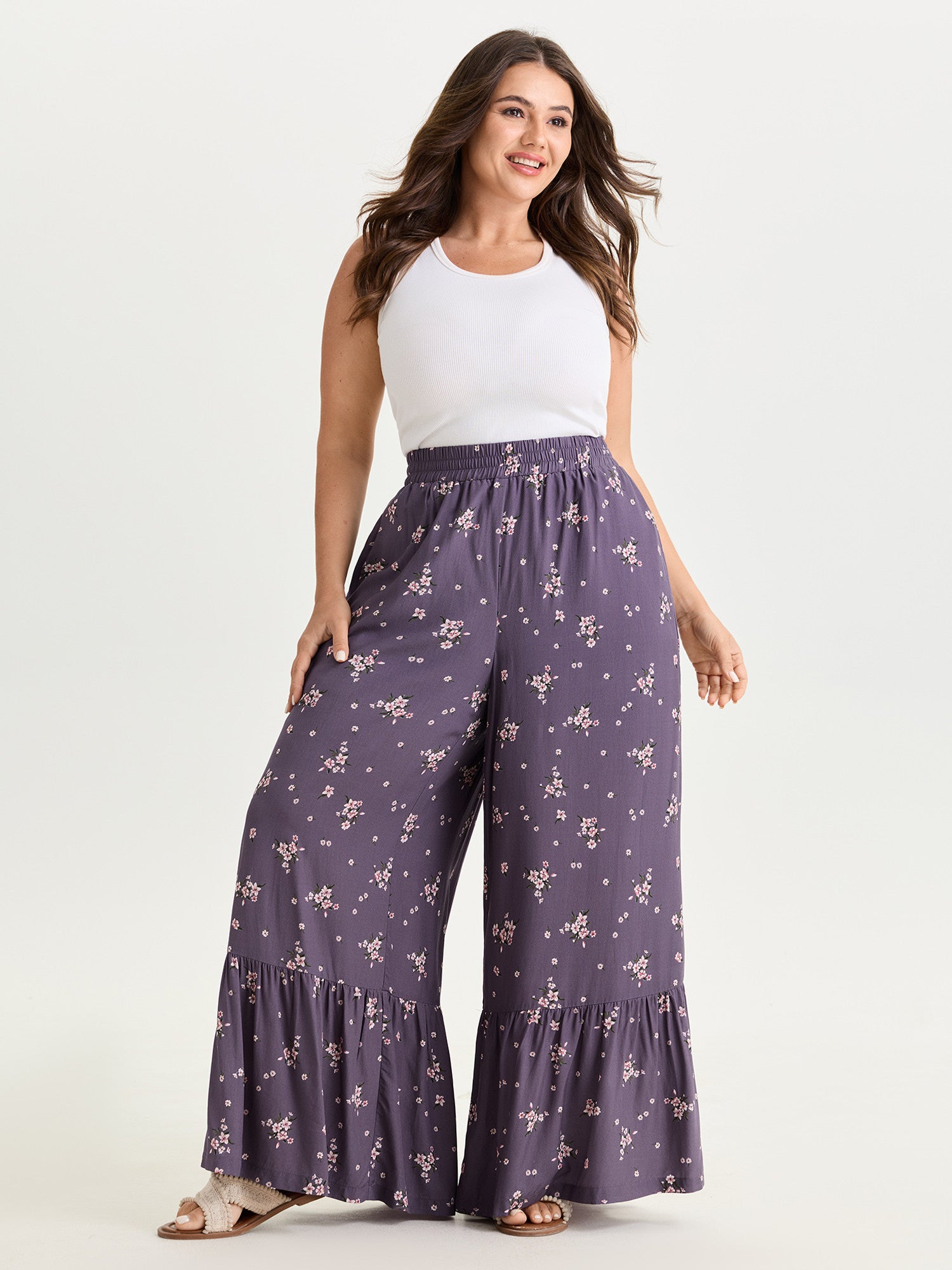 Floral Print Ruffled Hem Pants