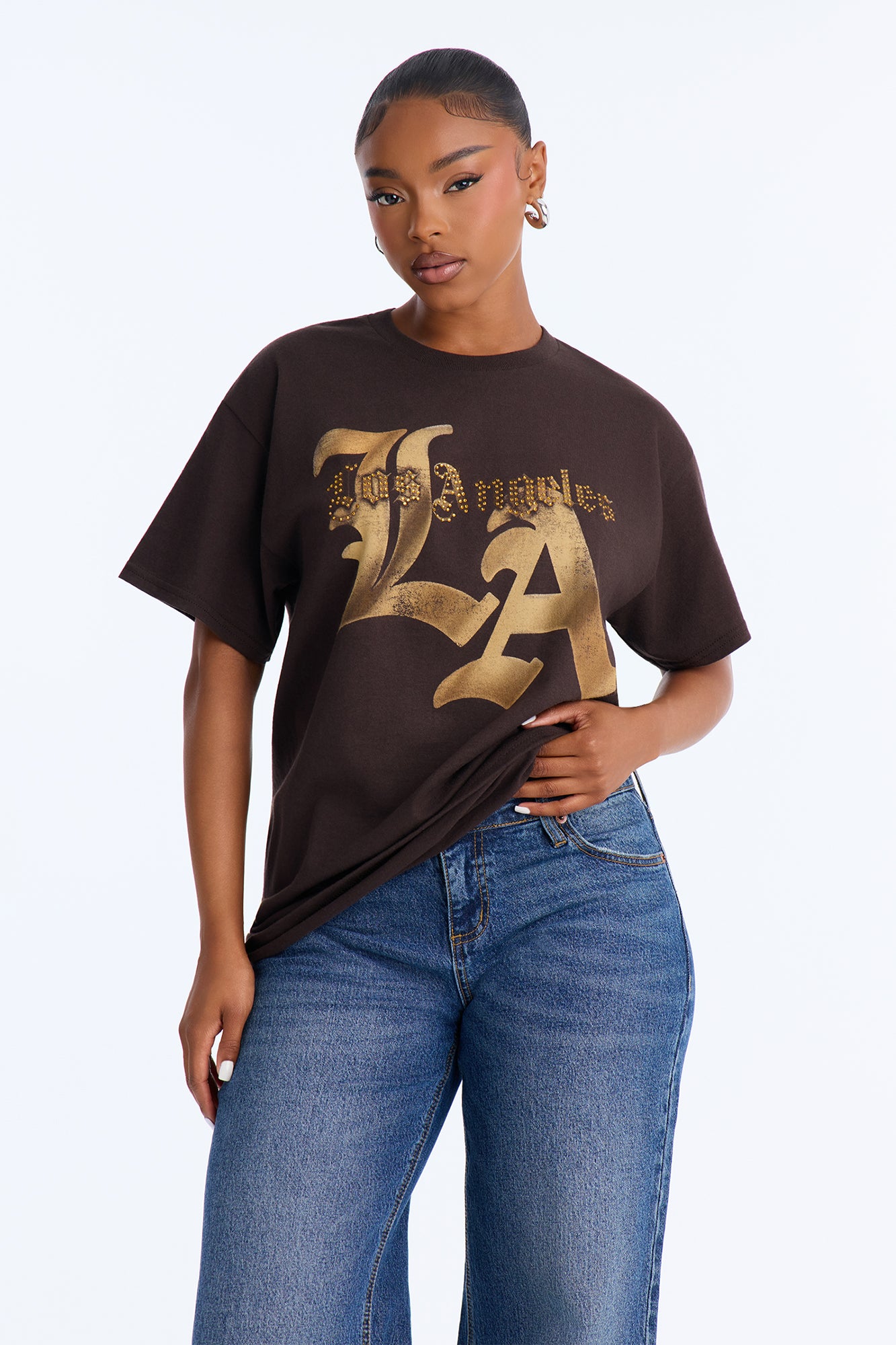 Los Angeles Rhinestone Script Tee - Chocolate