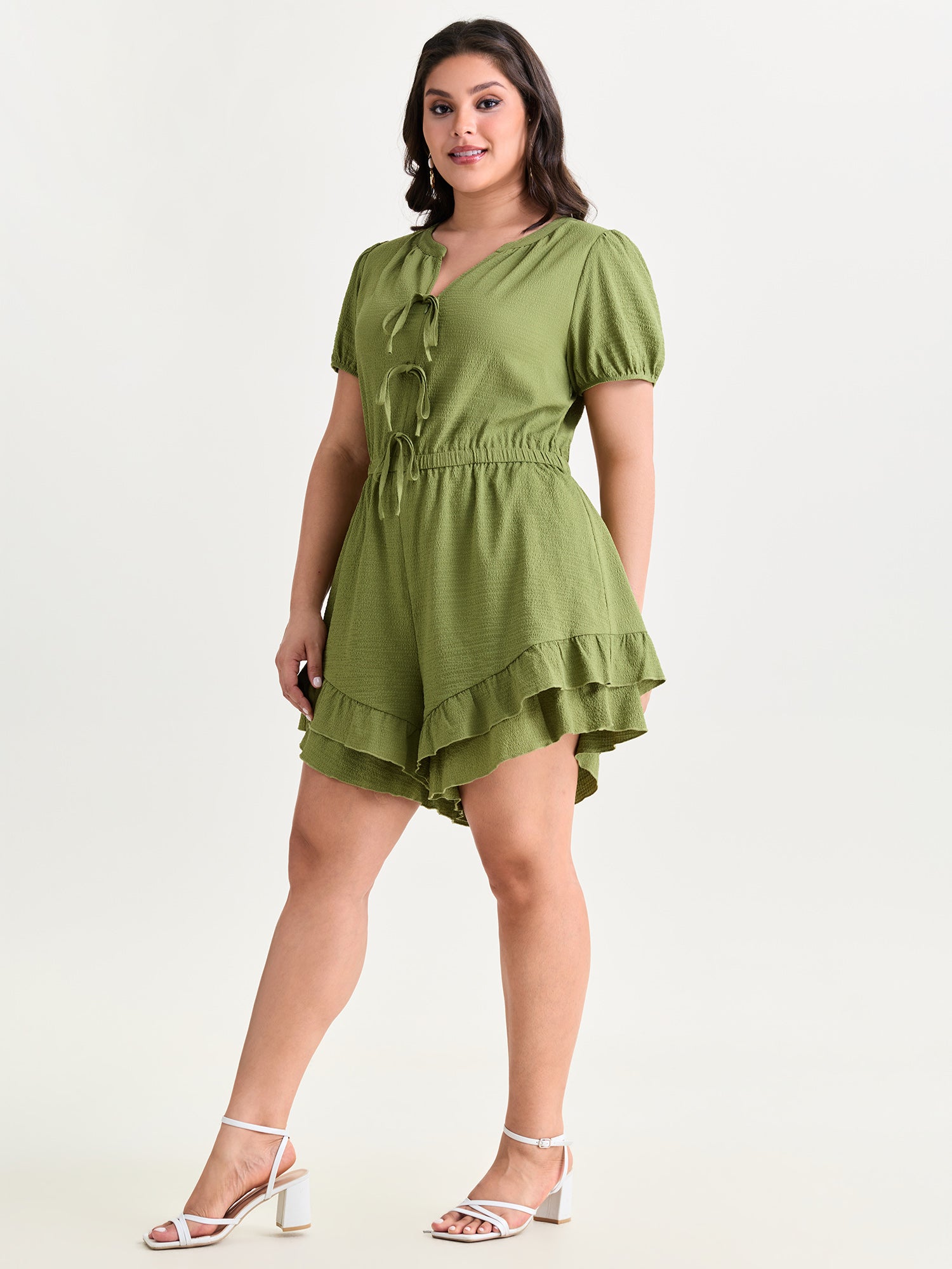 Triple Front Tie Ruffled Hem Romper