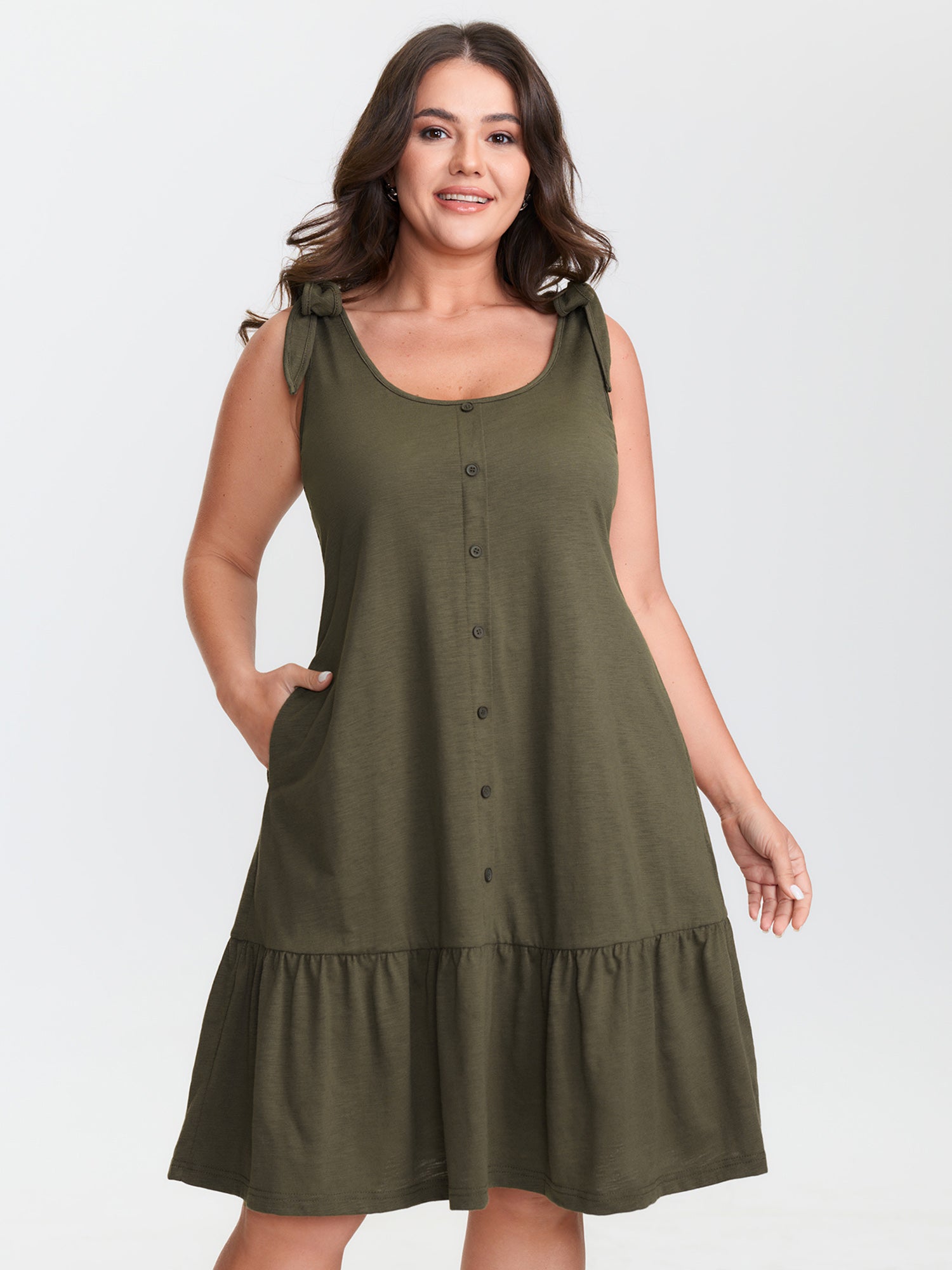 Ruffle Hem Tie Shoulder Pockets Sleeveless Dress