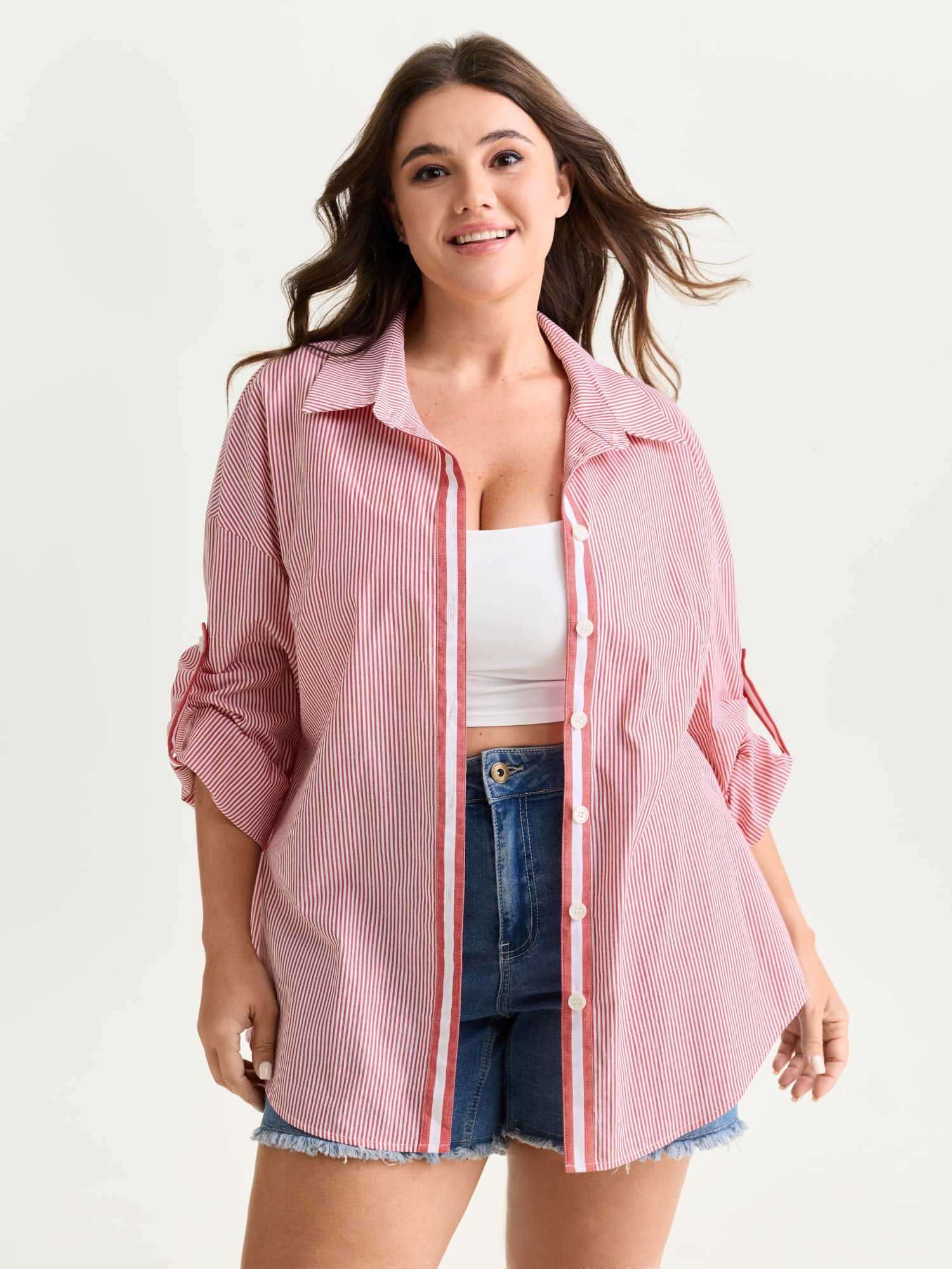 Cotton Striped Tab Sleeve Button-Down Shirt