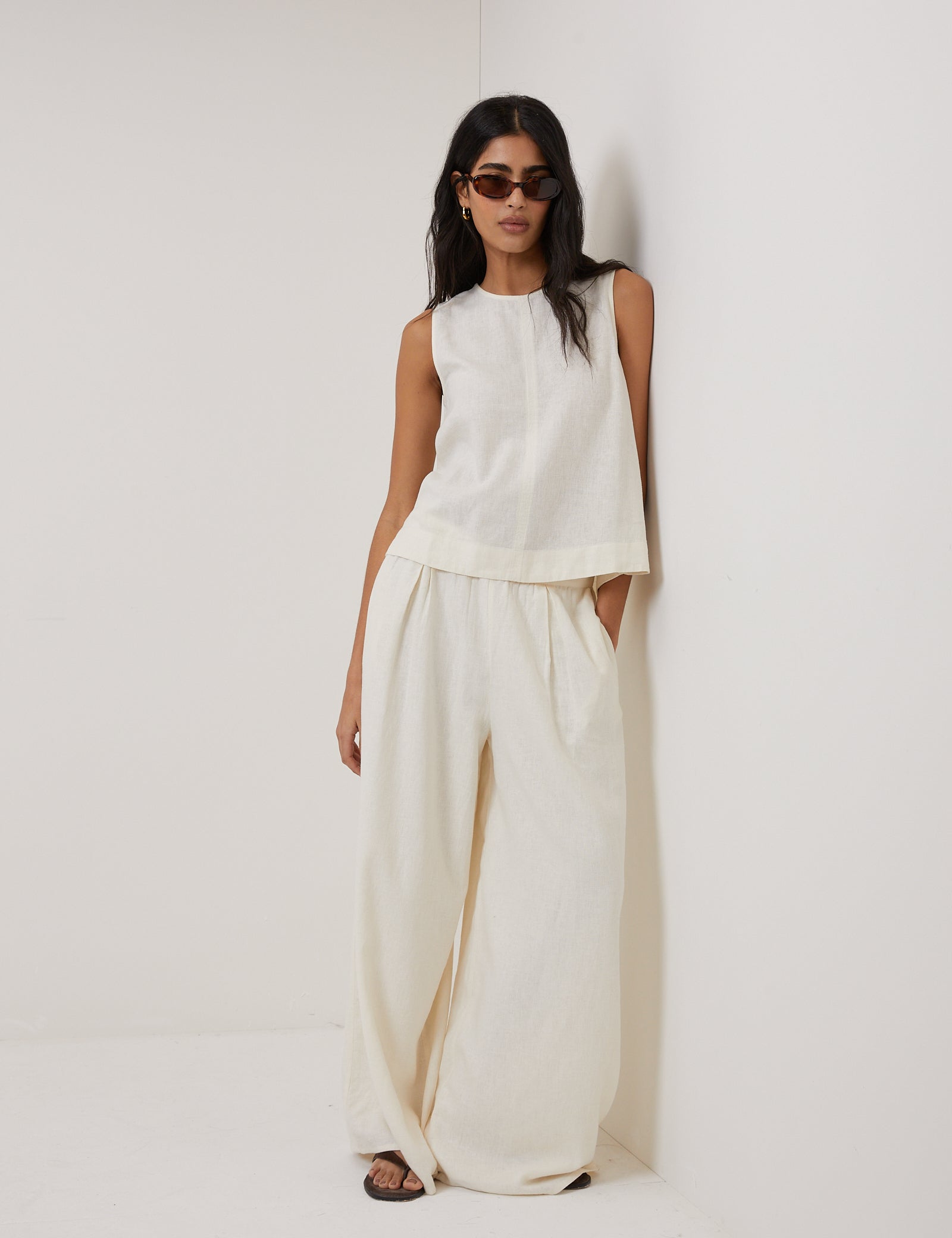 Cream Linen-Blend Top & Trousers Set