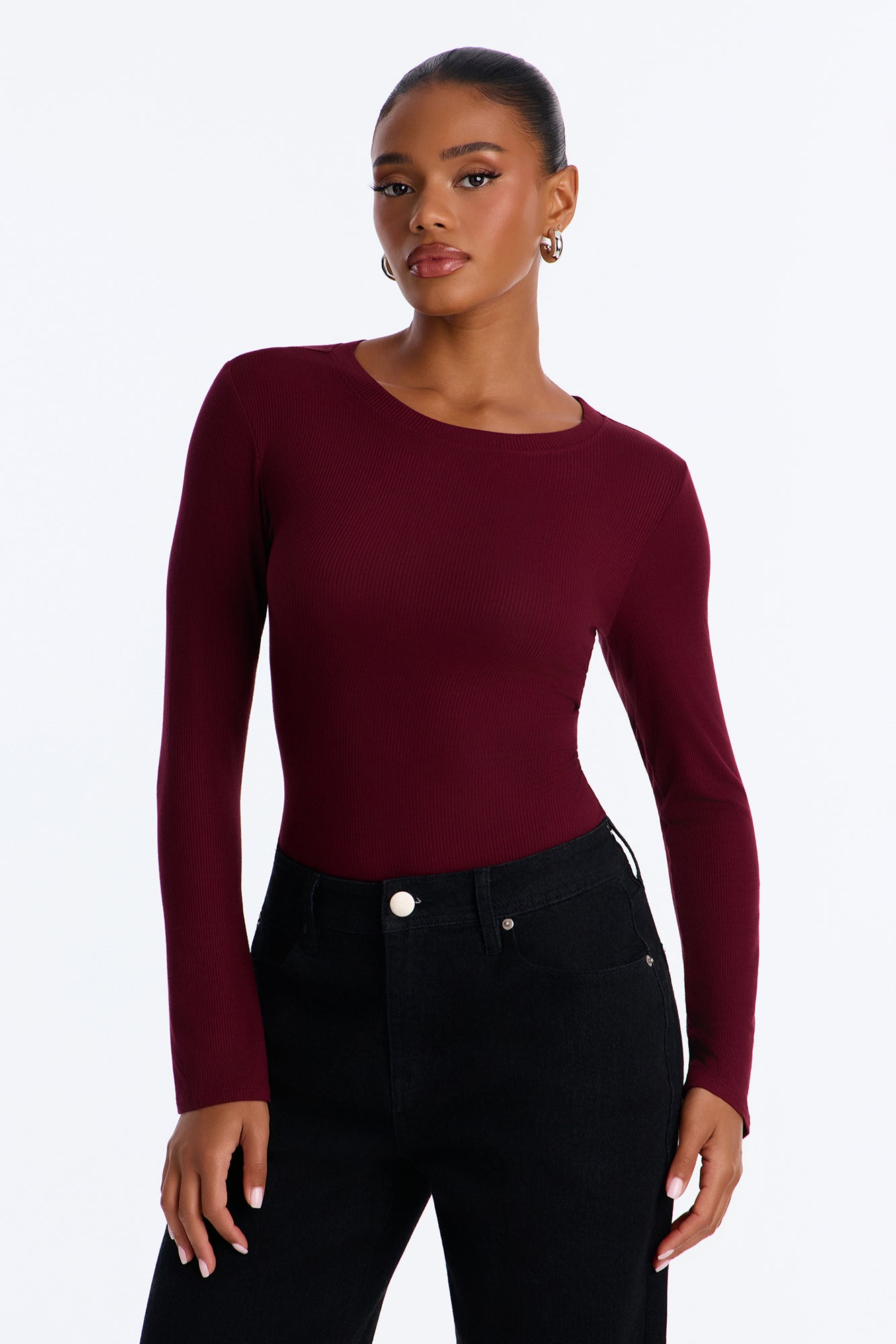 Poppy Ribbed Fitted Long Sleeve Tee - Plum