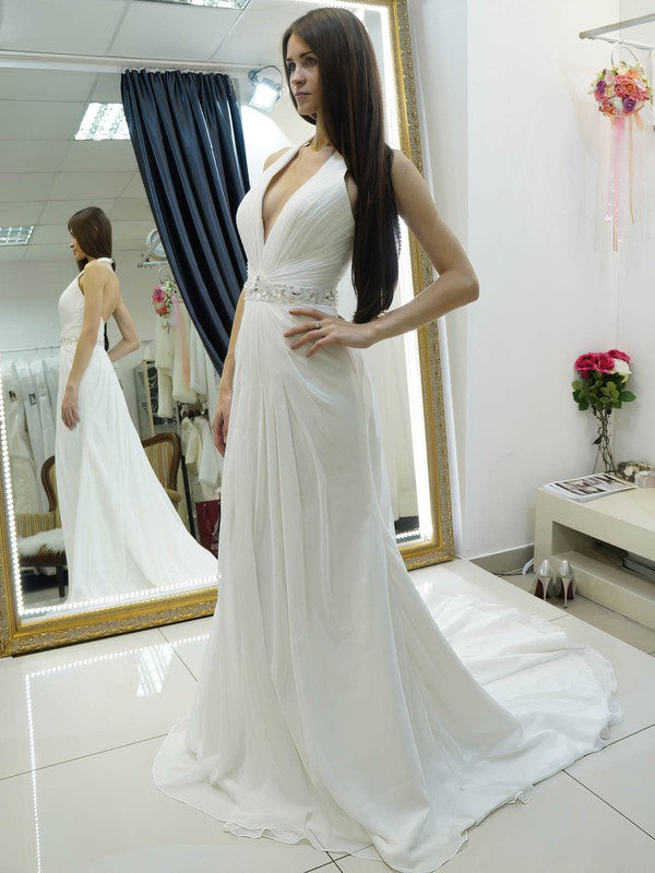 Sexy Sheath Halter Deep V-Neck Chiffon Chapel Train Wedding Dresses