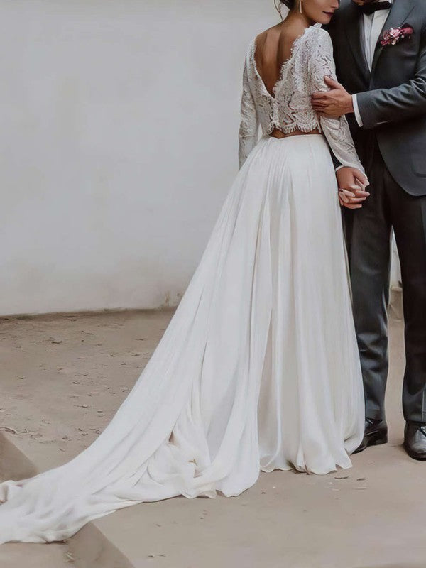 Charming A-Line Jewel Neck Long Sleeves Lace Chiffon Court Train Wedding Dresses
