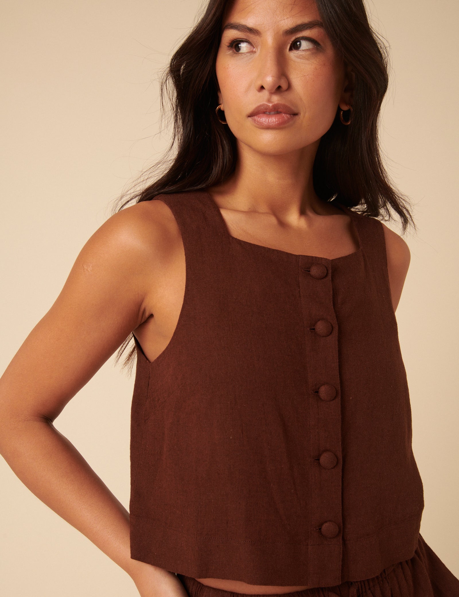 Brown Linen-Rich Button Front Top