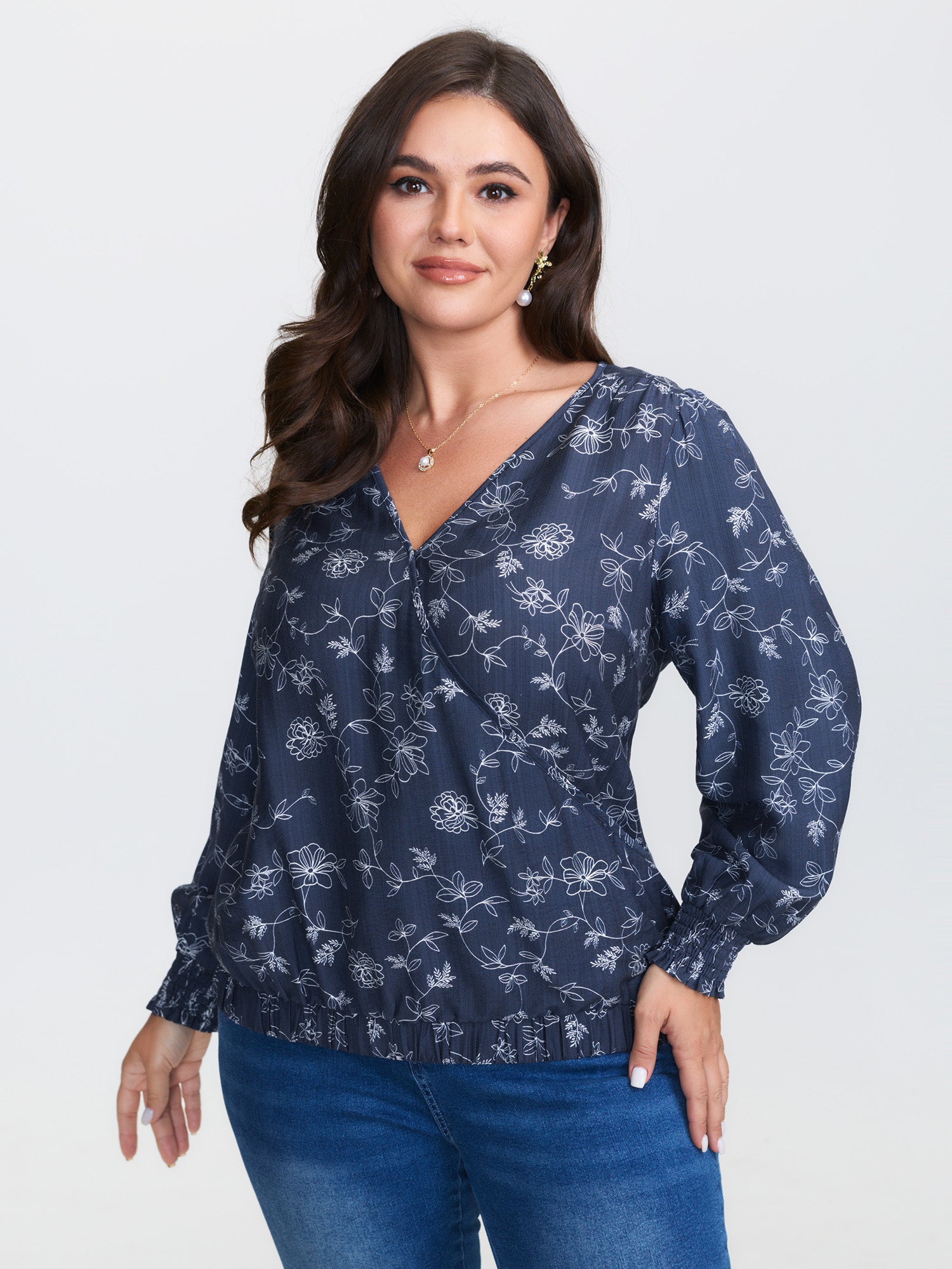 Floral Print Surplice Neck Blouse