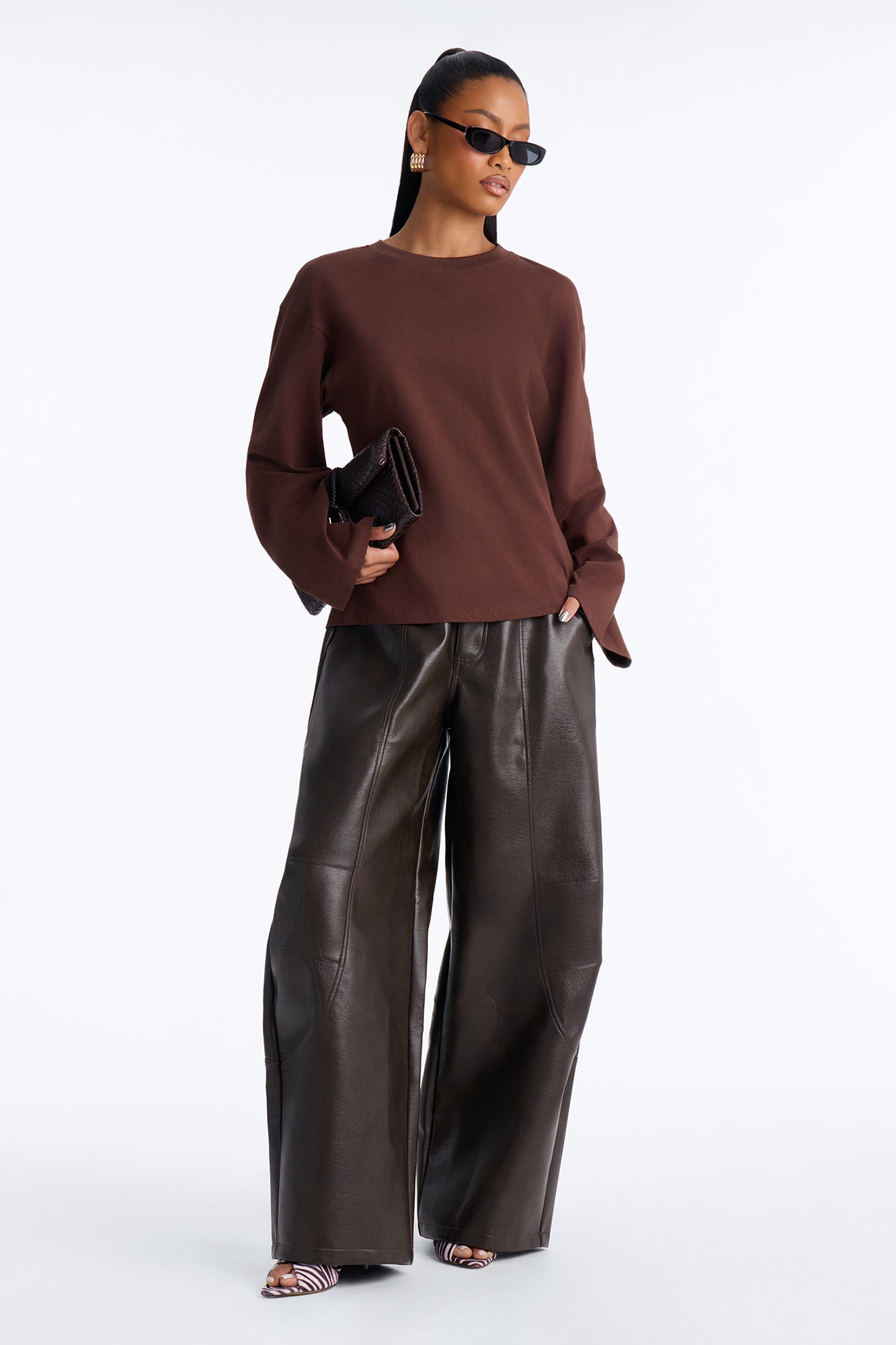 Leticia Low Rise Barrel Leg Faux Leather Pant - Chocolate