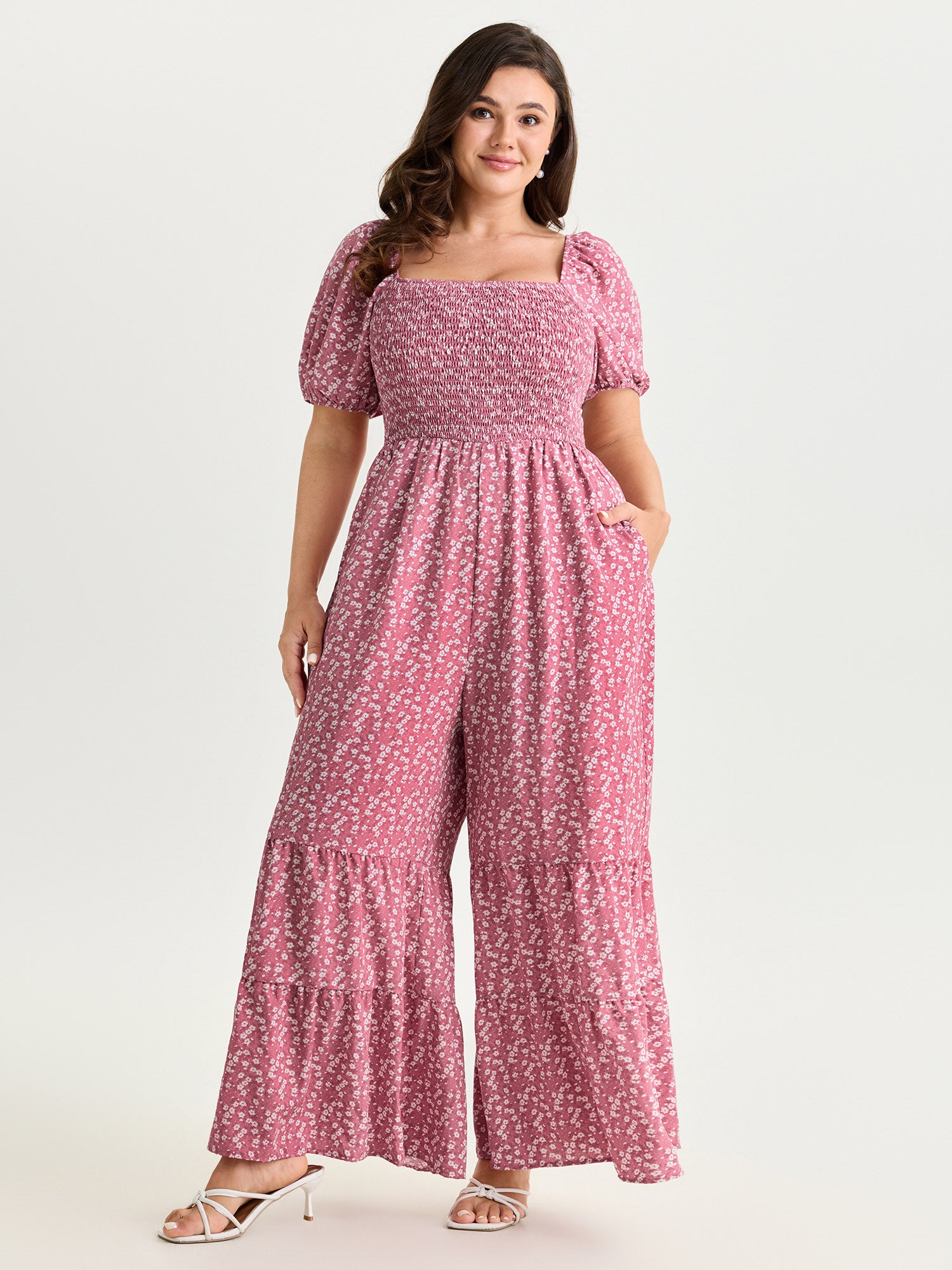 Floral Print Ruffled Hem Square Neckline Jumpsuit