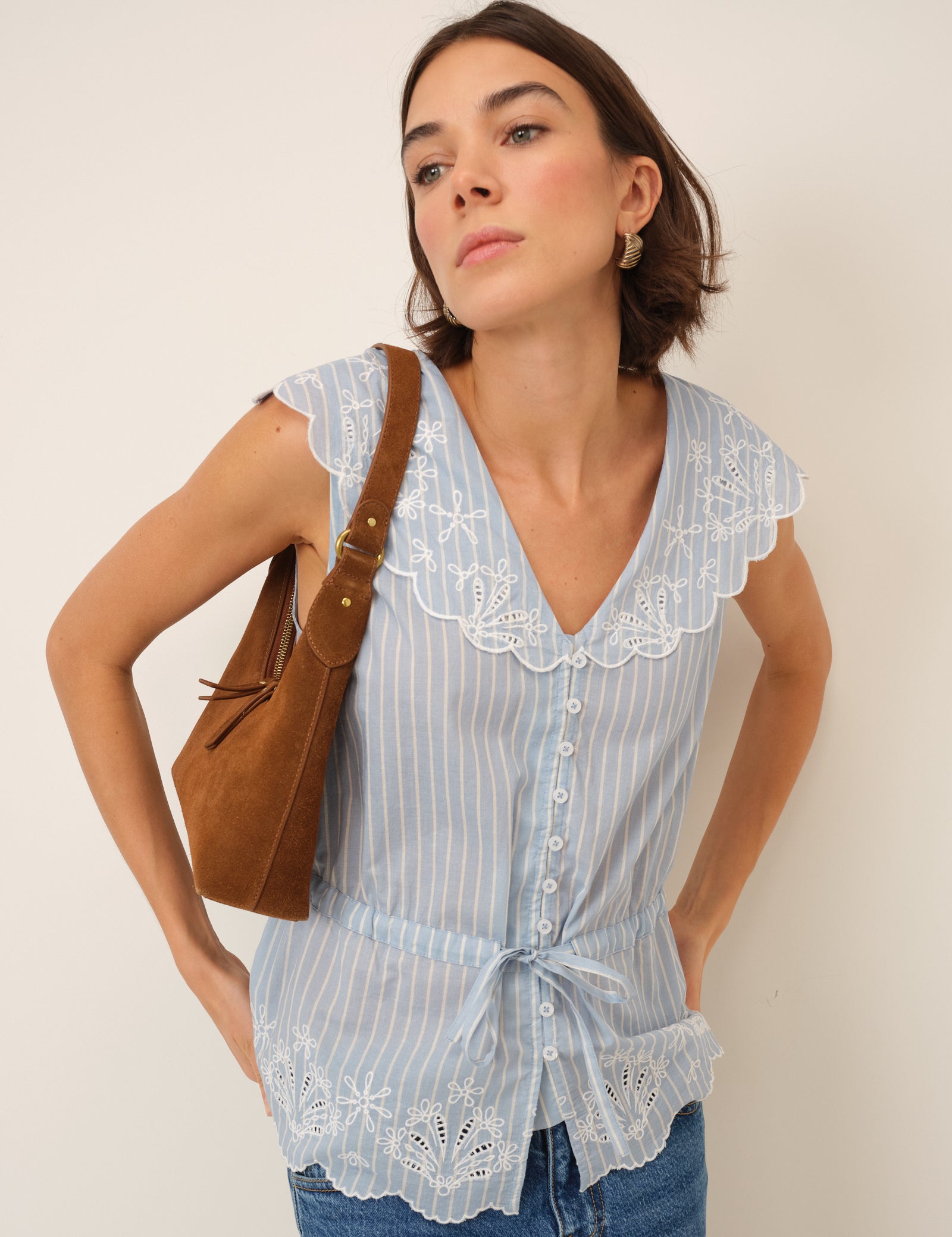 Light Blue Pinstripe Broderie Collar Simona Top