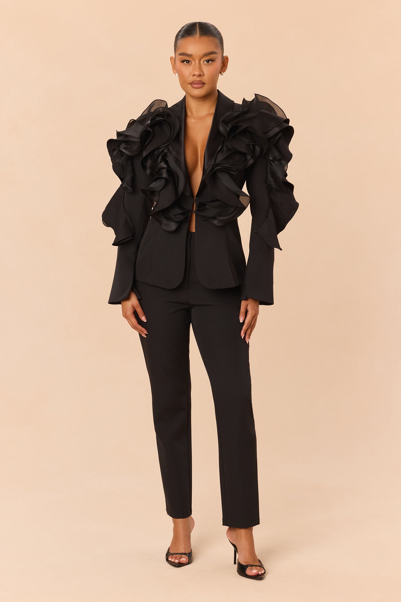 Private Affair Ruffle Blazer Pant Set - Black