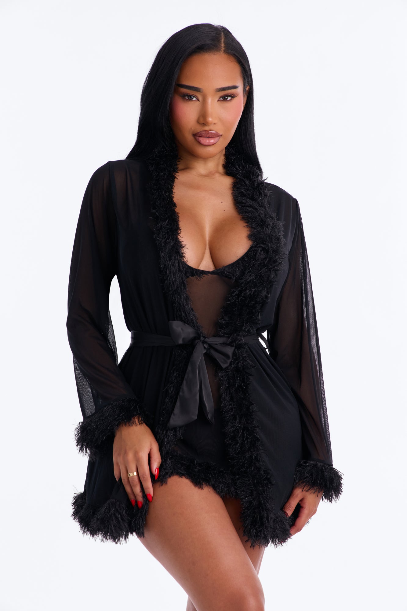 Midnight Feather Kiss Babydoll Short Robe 3 Piece Set - Black