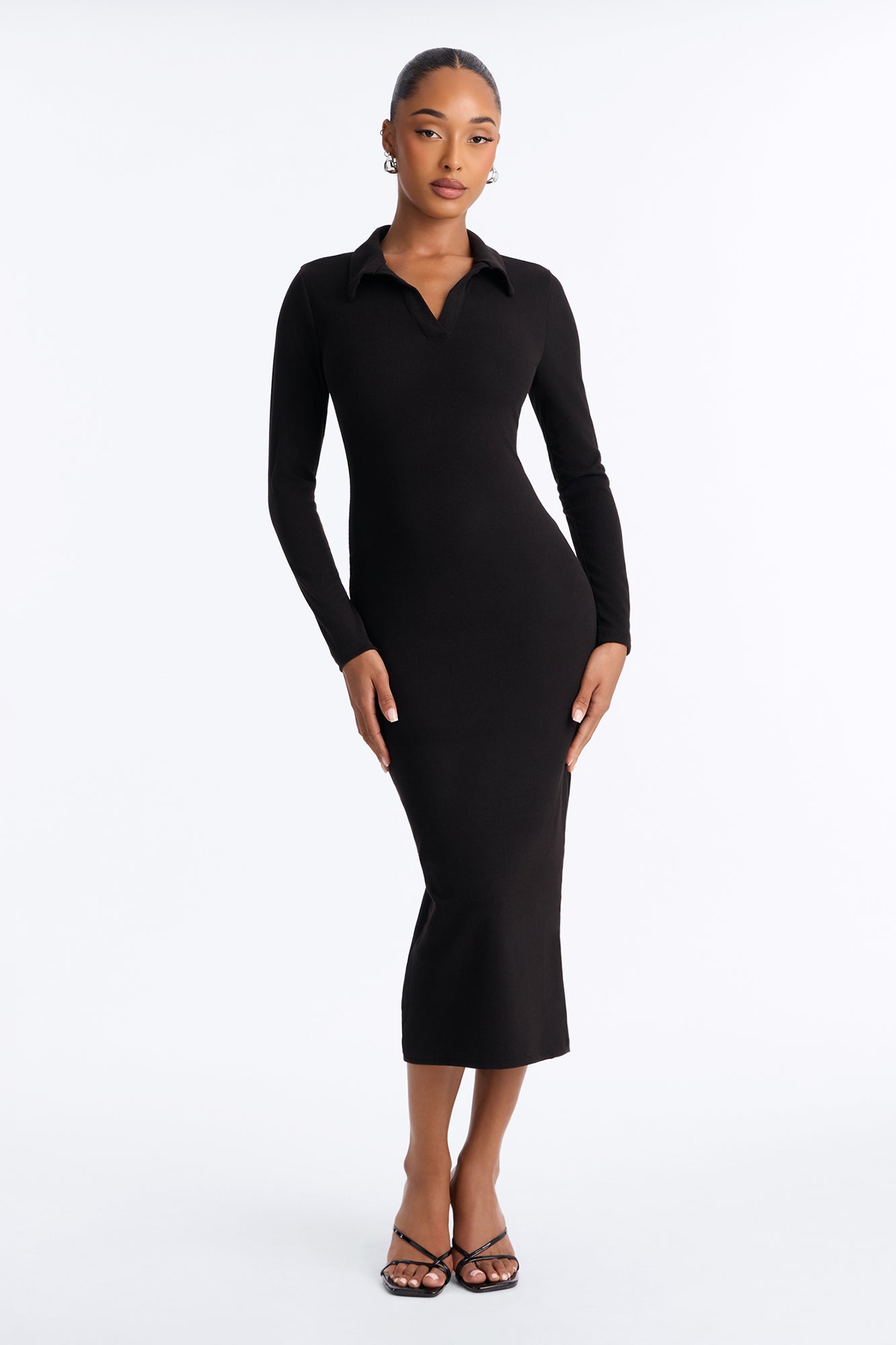 City Kisses Collar Ribbed Midi Dress - Black