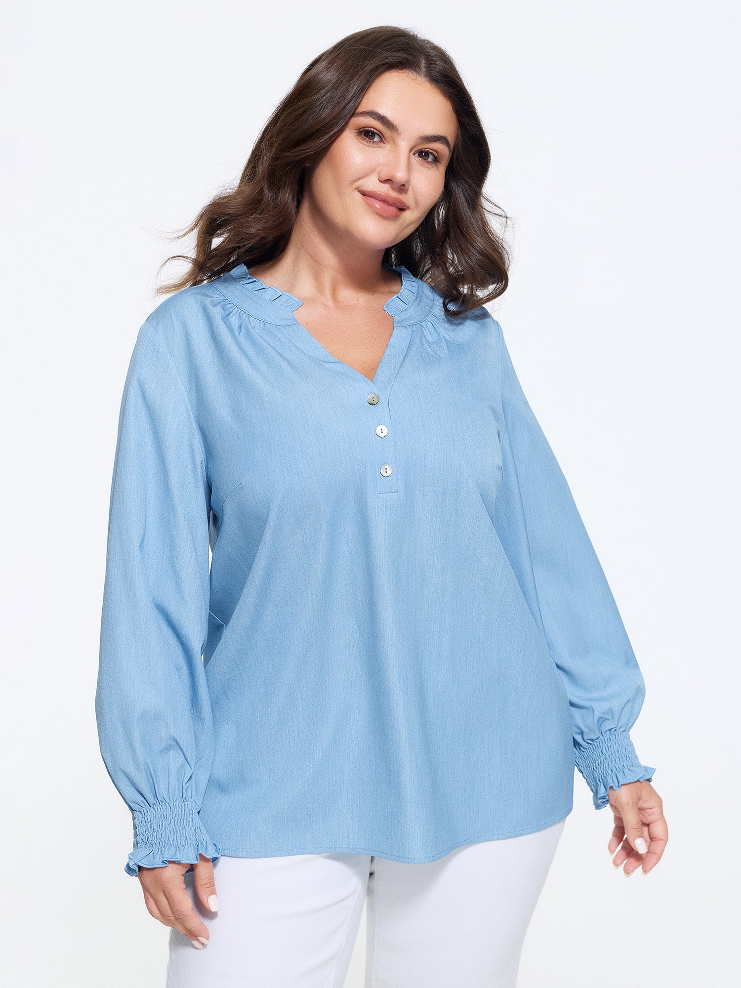 Notched Collar Half Button Shirred Cuff Blouse