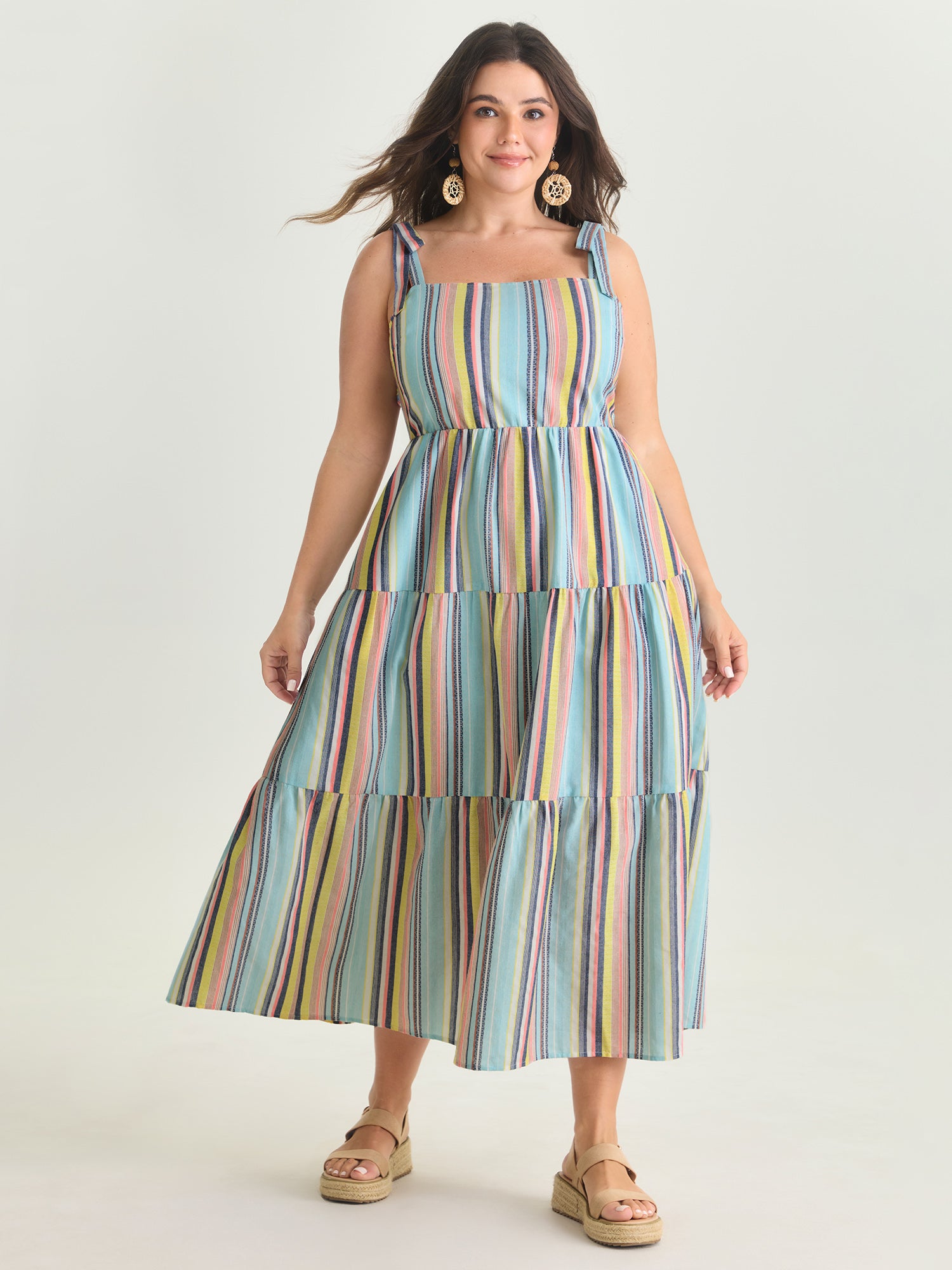 Multi-Color Striped Print Shoulder-Tie Midi Dress