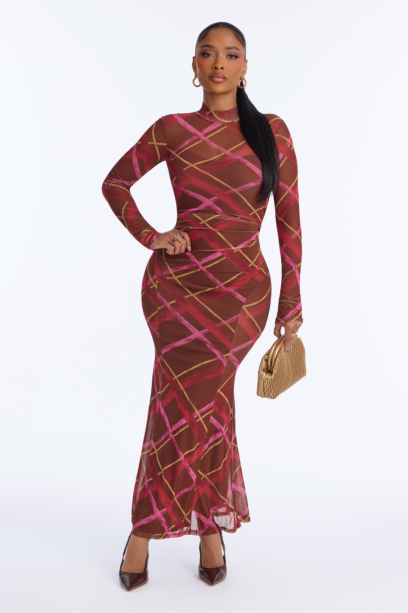 Pretty In Plaid Long Sleeve Mesh Maxi Dress - Brown/combo