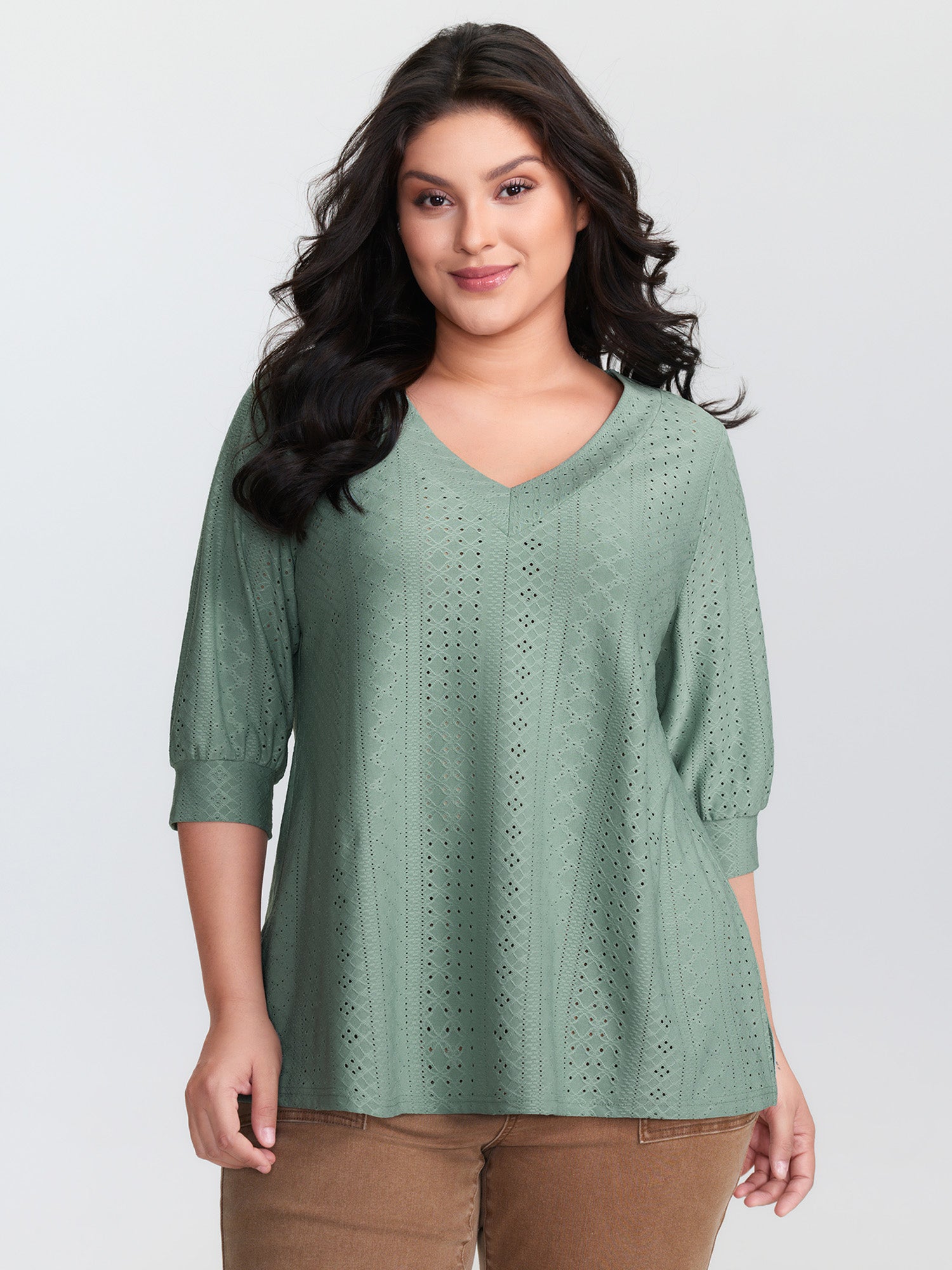 Textured V-Neck Eyelet Loose Fit T-Shirt