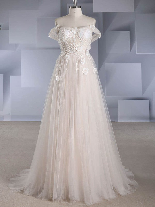 Gorgeous Sweetheart Off-The-Shoulder Backless Tulle A-Line Wedding Dresses with Sweep Train