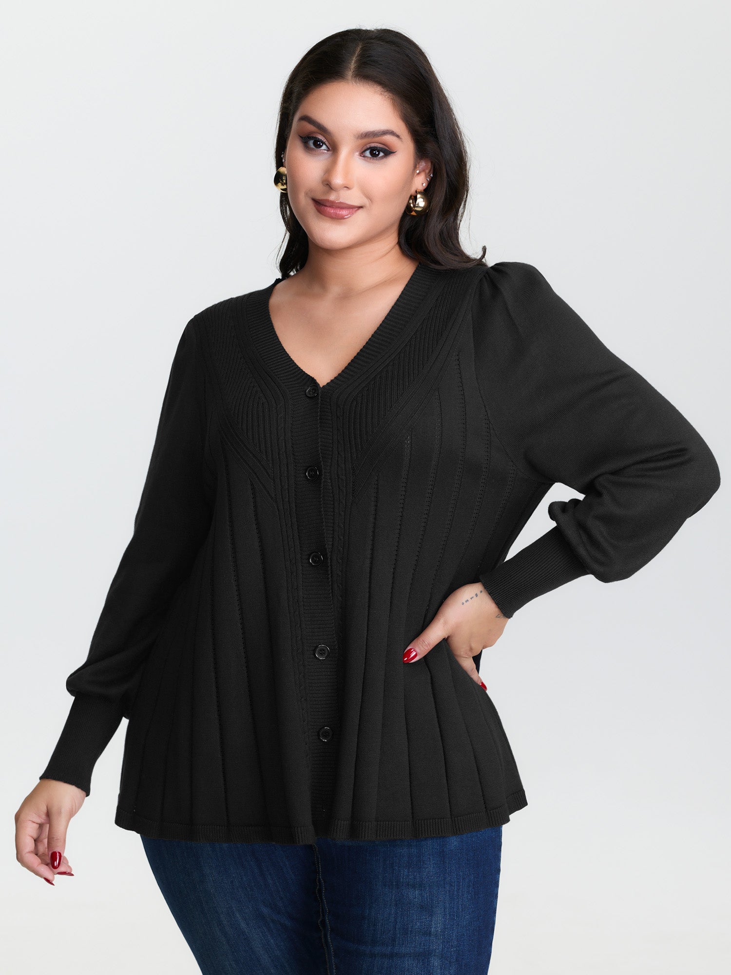 Textured A-Shaped Hem Lantern Sleeve Knit Cardigan