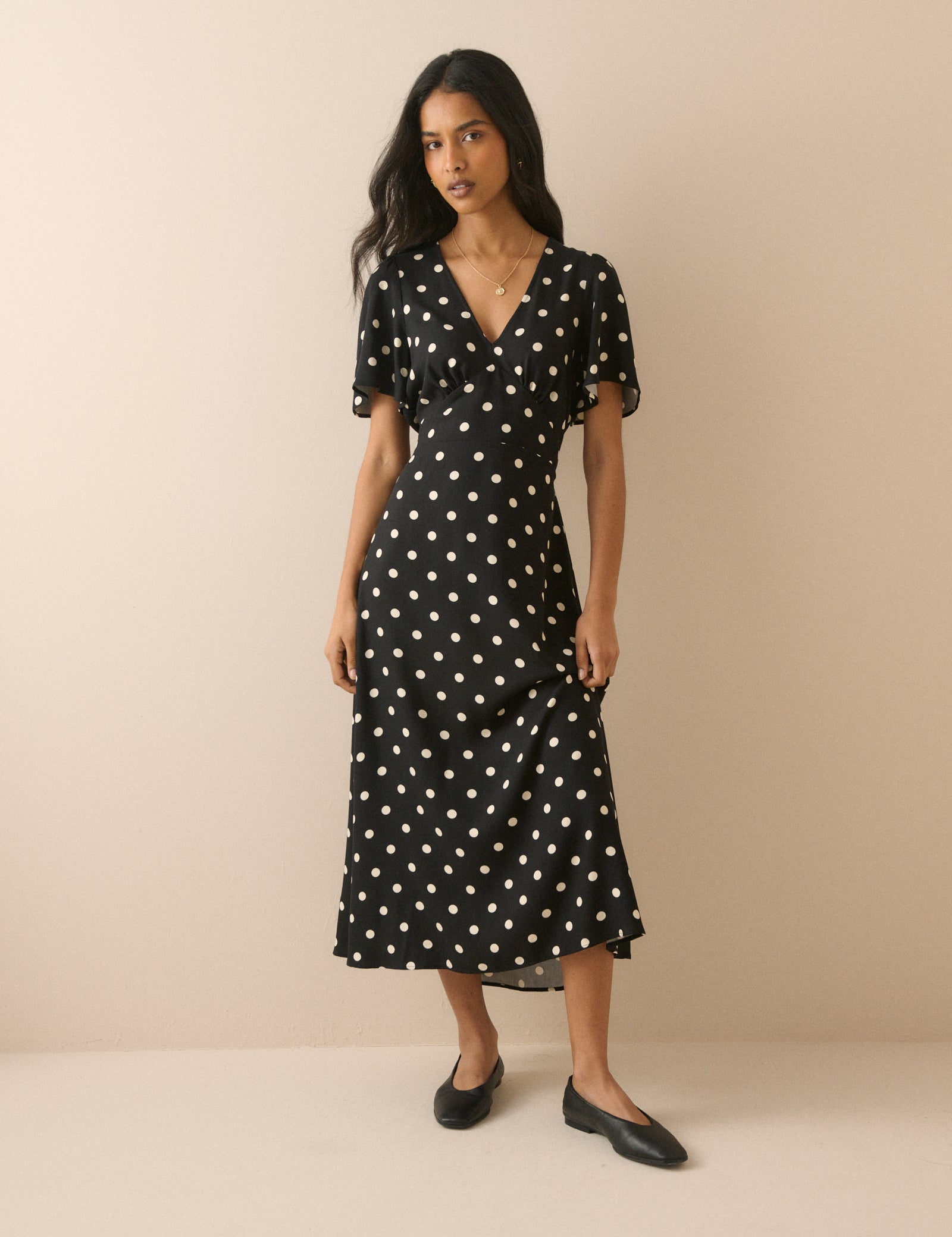 Black Polka Dot Atlas Midi Dress