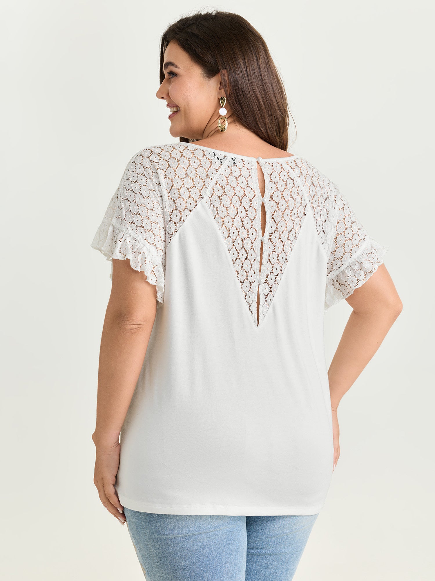 Lace Trim Back Detail V-Neck T-Shirt