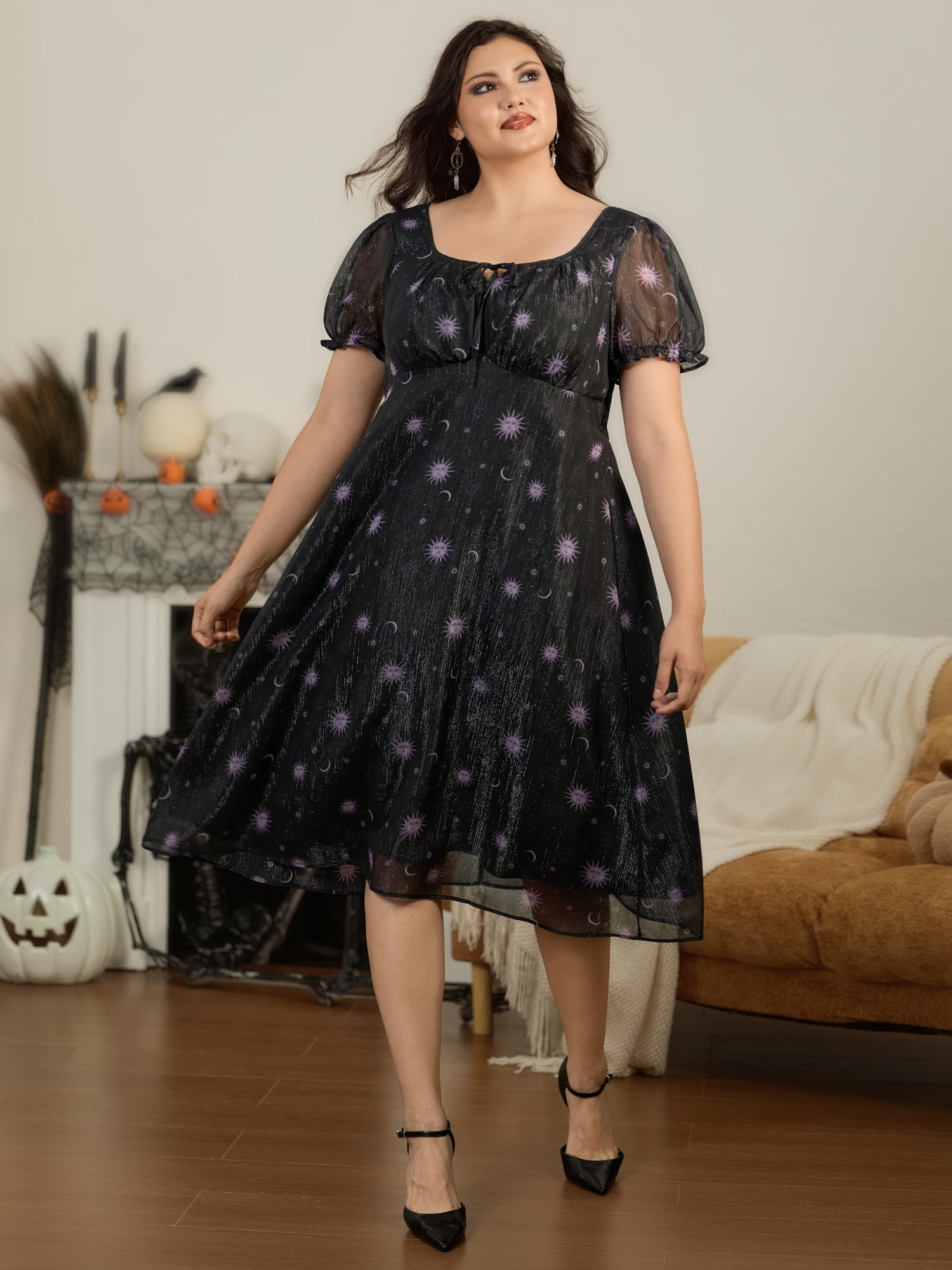 Sheer Celestial Print Tie‑Front Chiffon Midi Dress