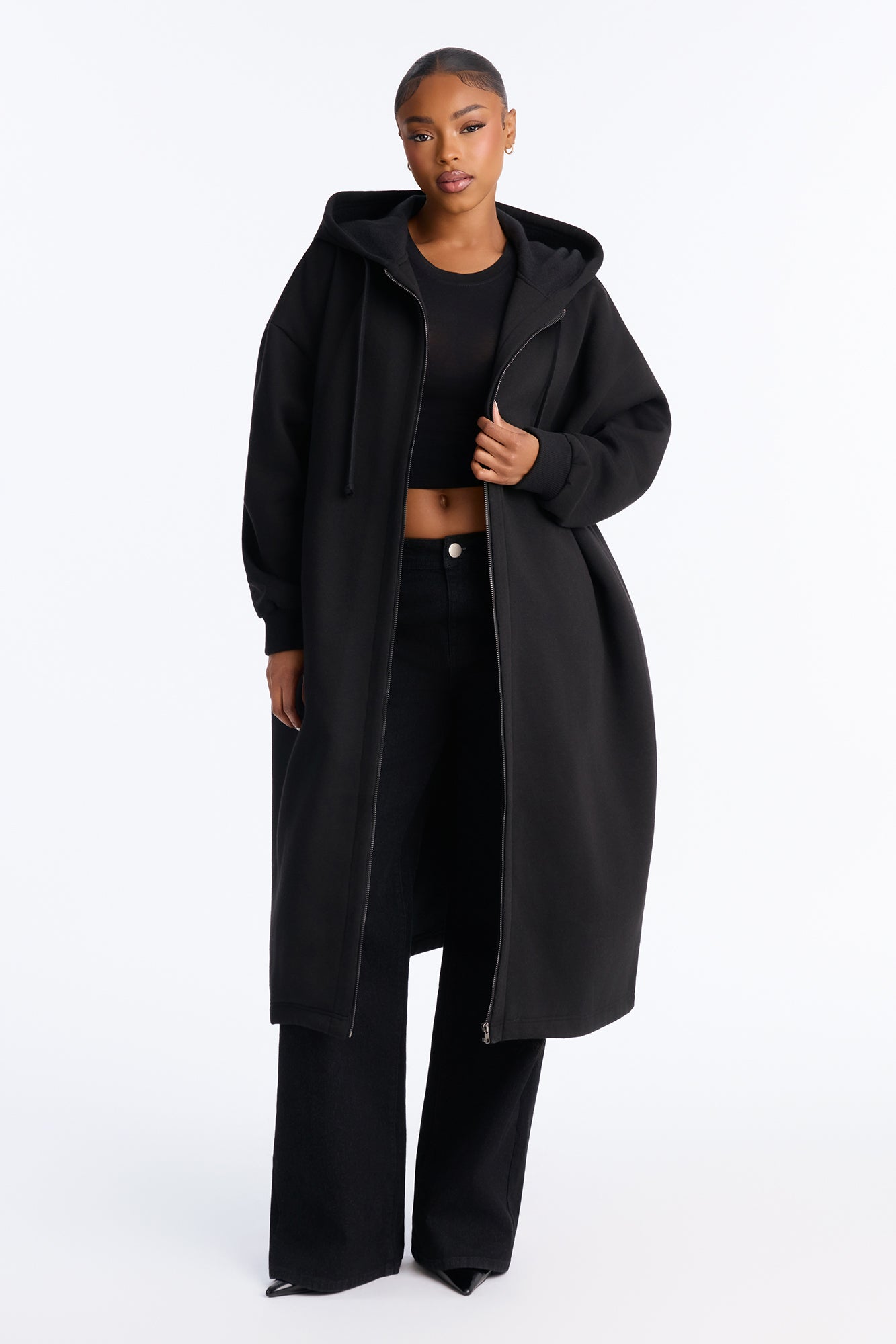 Sunday Lounge Fleece Hooded Long Jacket - Black