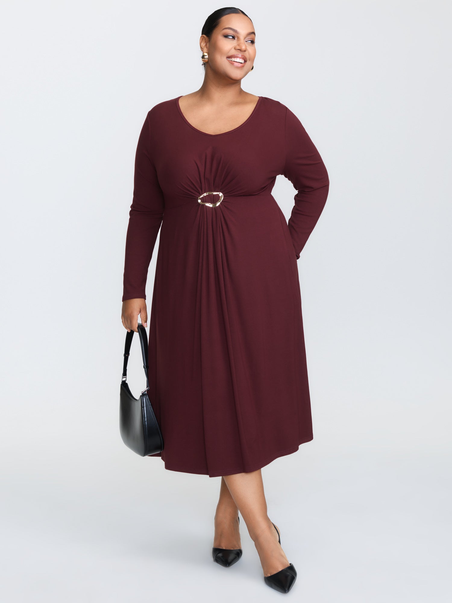 Supersoft Metal Buckle Gathered Waist Midi Dress