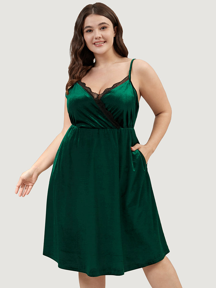 Velvet Lace Trim Pocket Spaghetti Strap Nightgown