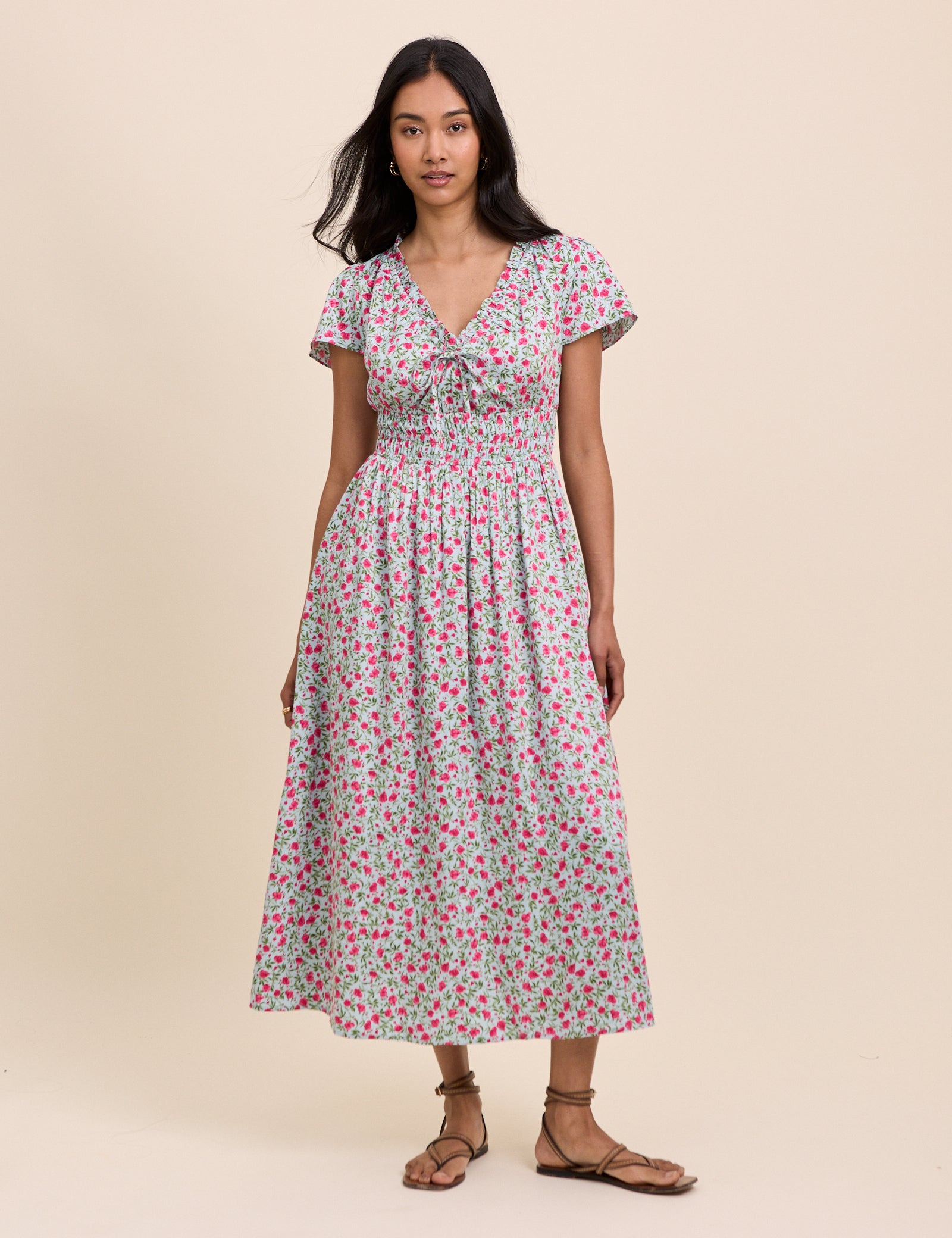 Blue Floral Shirred Lisa Midi Dress