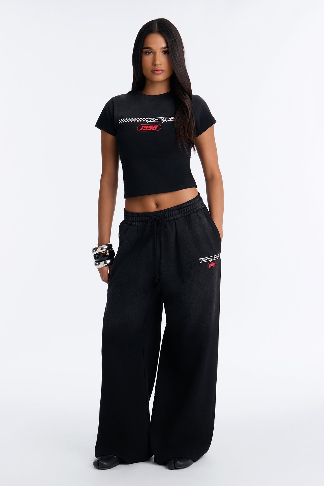 Racing Series Vintage Washed Wide Leg Sweatpants - Charcoal