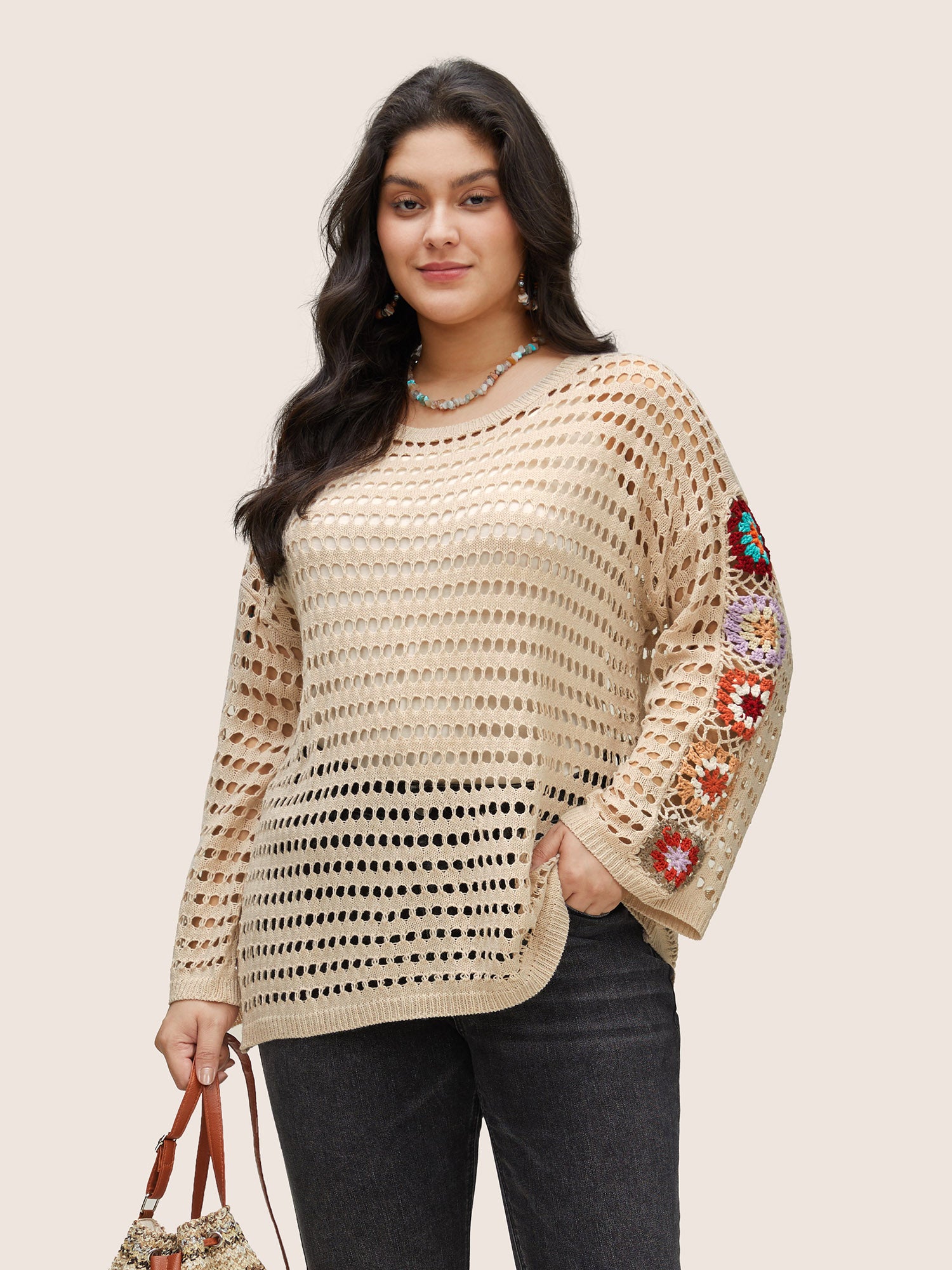Floral Crochet Pointelle Knit Pullover
