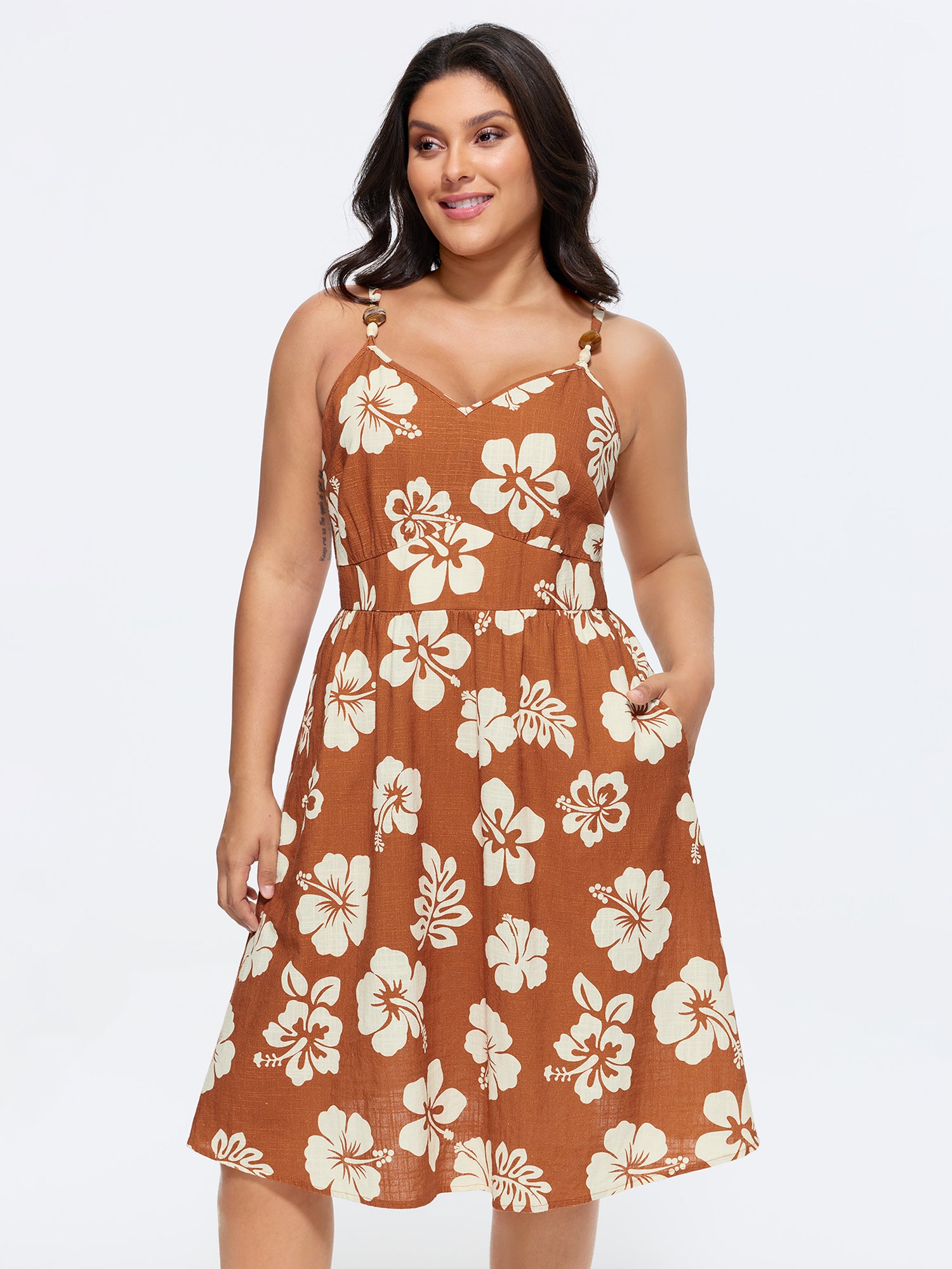 Cotton Floral Print Sweetheart Neckline Midi Dress