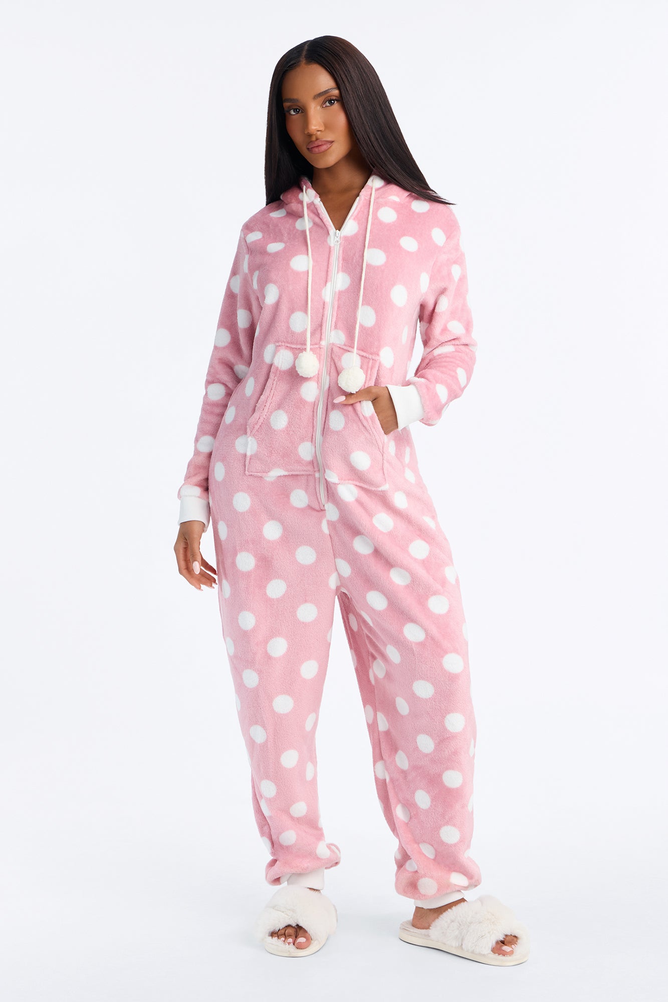 Pretty In Polka Dots Hooded Plush PJ Onesie - Pink/combo