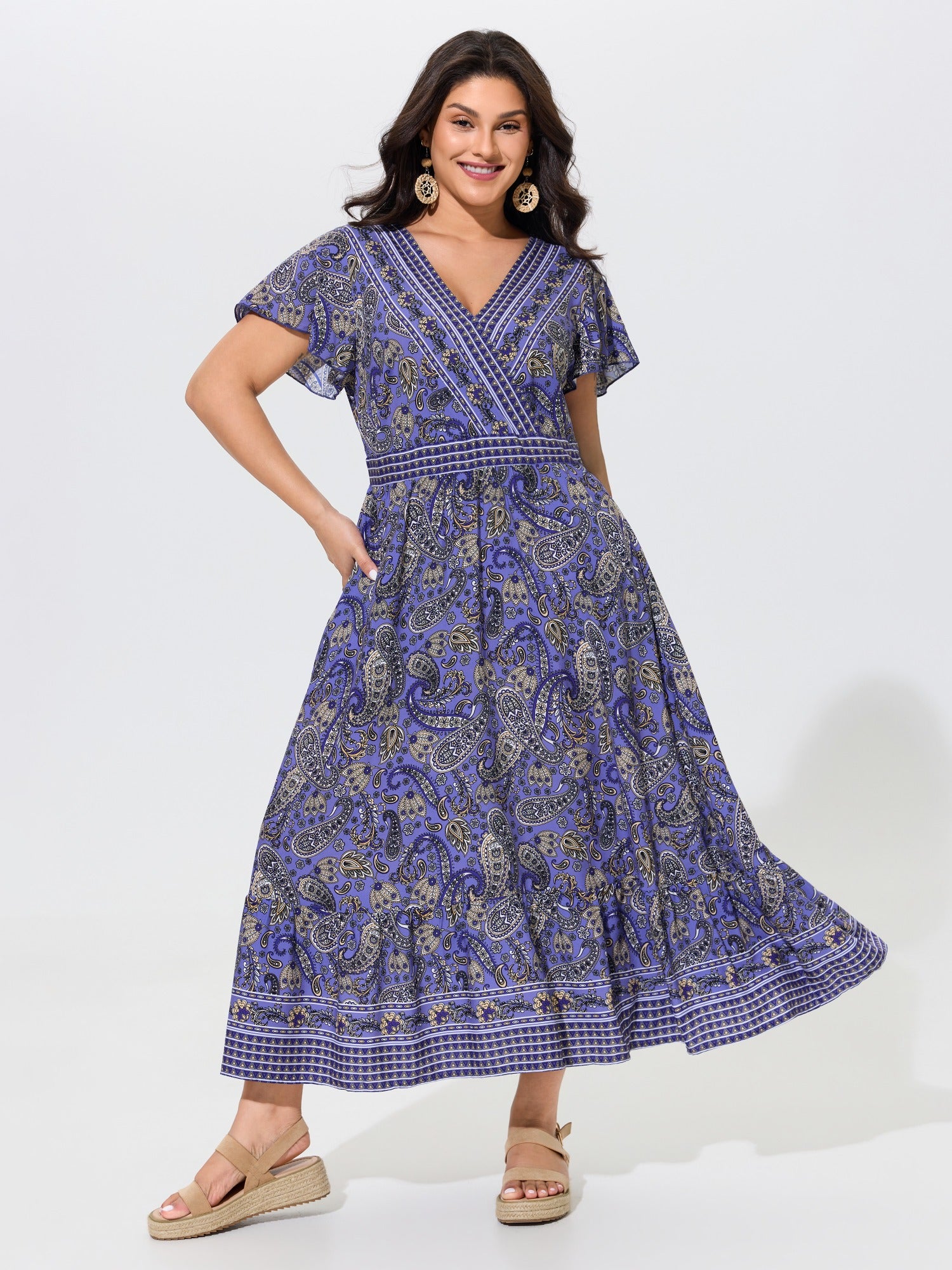 Paisley Print V‑Neck Tiered Maxi Dress