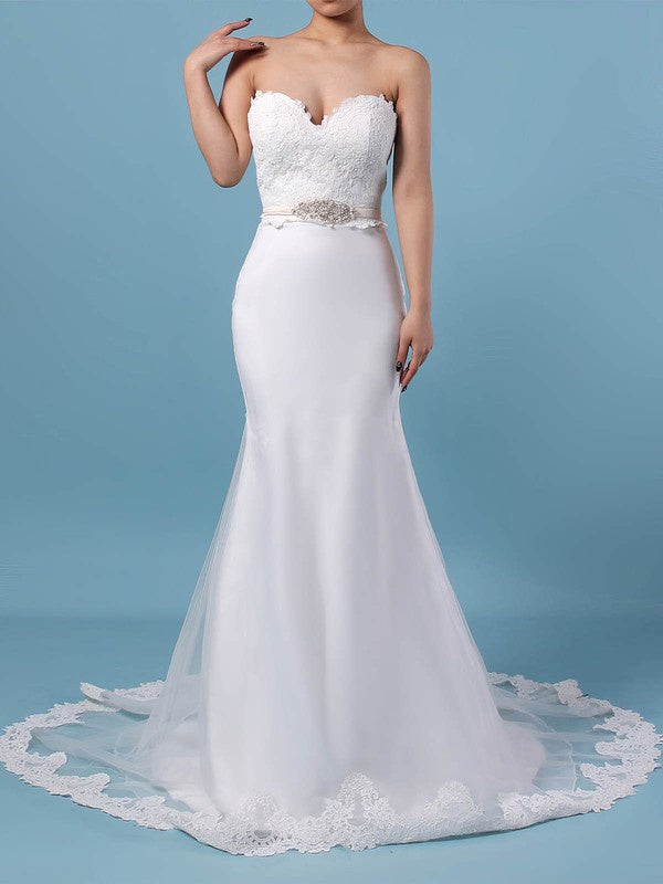Sexy Mermaid Sweetheart Strapless Tulle Lace Wedding Dresses with Sash