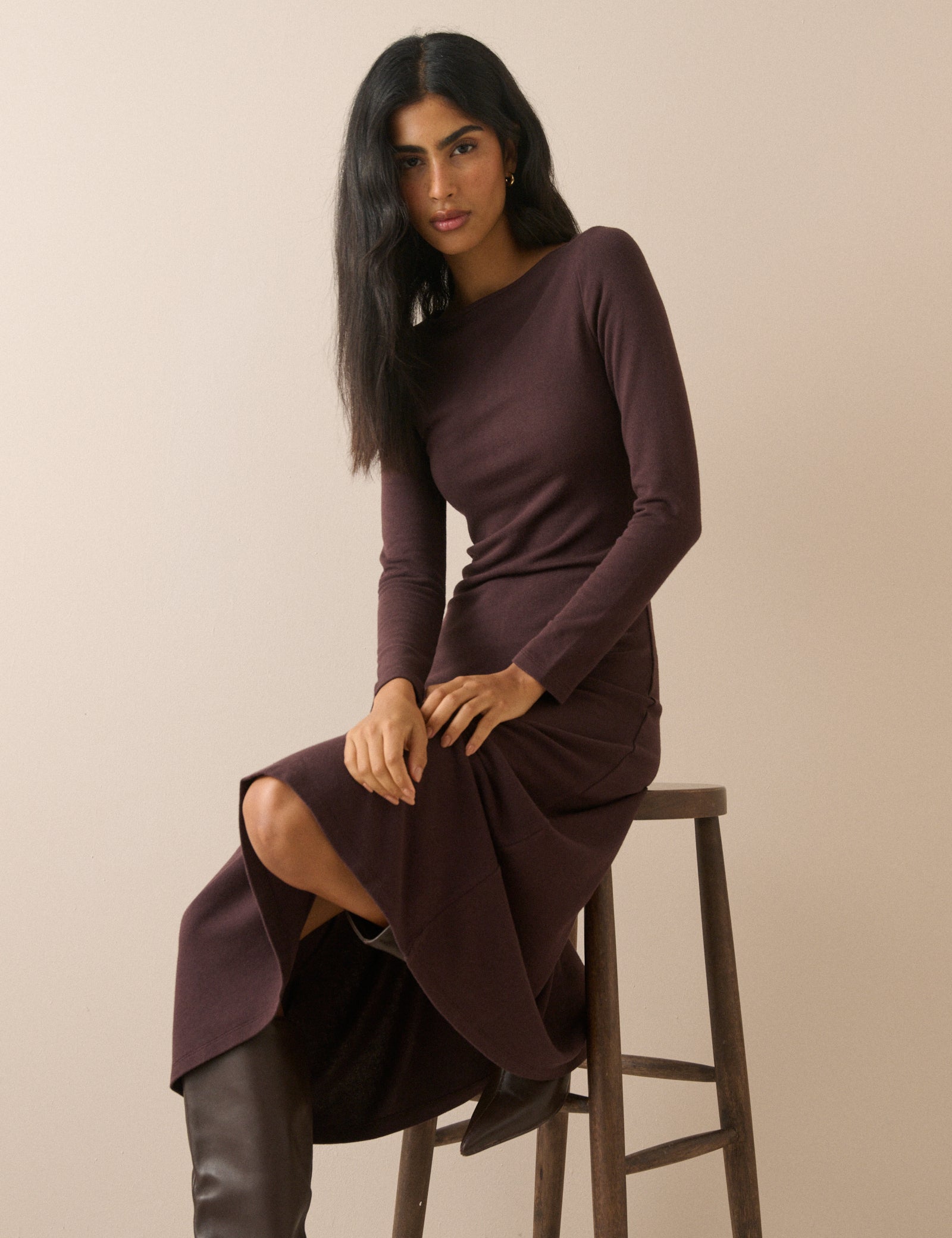 Brown Boat Neck Bronte Midi Dress