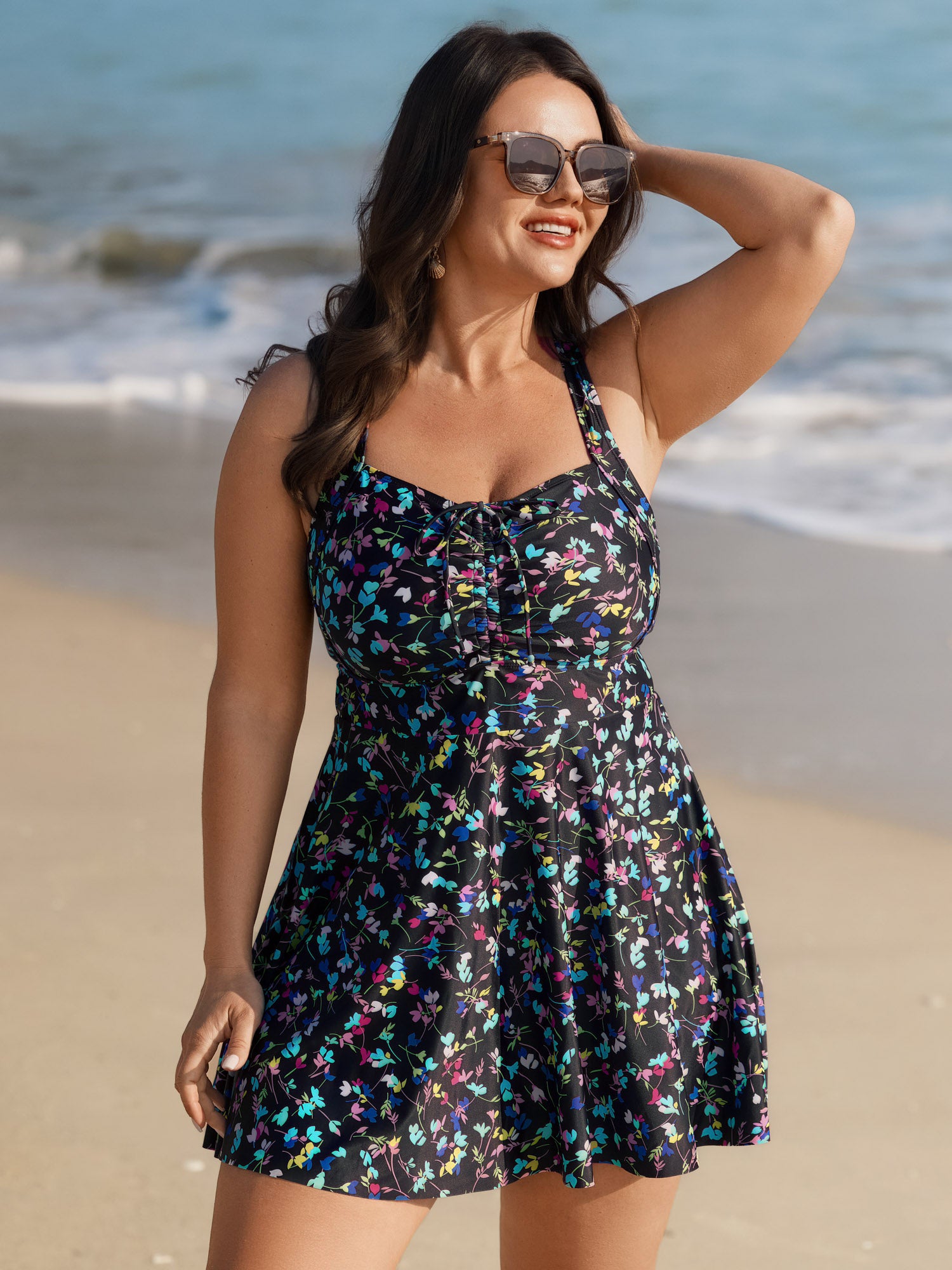 Colorful Floral Print Drawstring Swim Dress