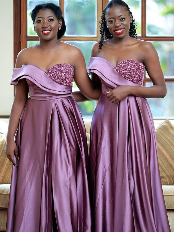 Deluxe Sweep Train Satin Off-The-Shoulder Sweetheart A-Line Split Front Bridesmaid Dresses with Beading